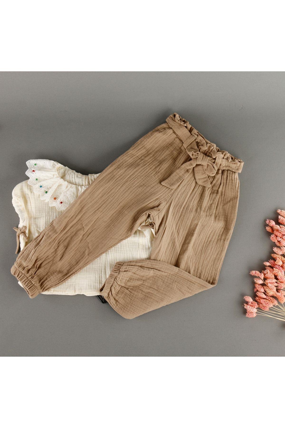 Bebe Yaka Boncuk Detaylı Muslin Kız 2'Li Takım