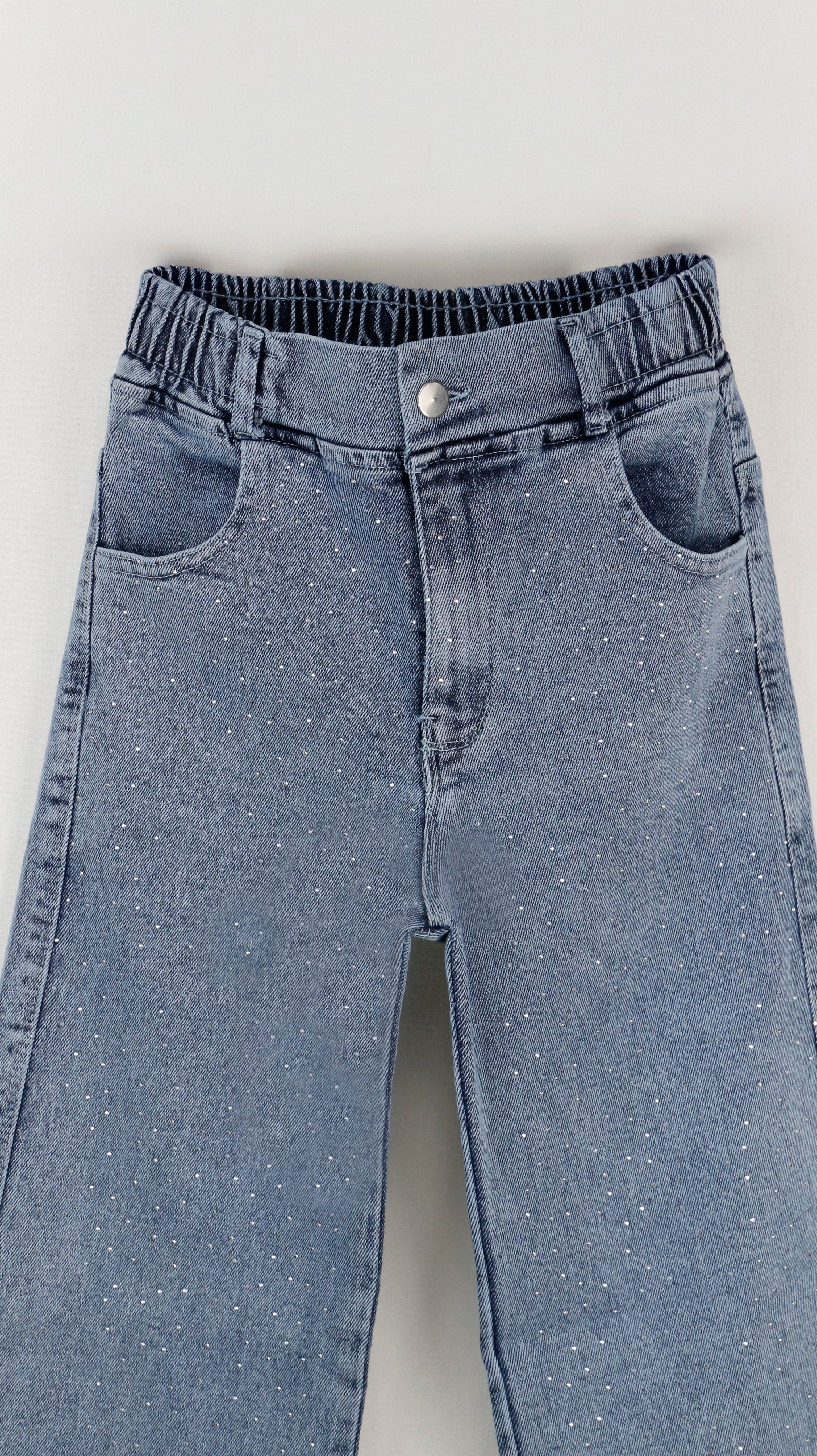 Beli Lastikli Taş Detaylı Kız Çocuk Jean Pantolon