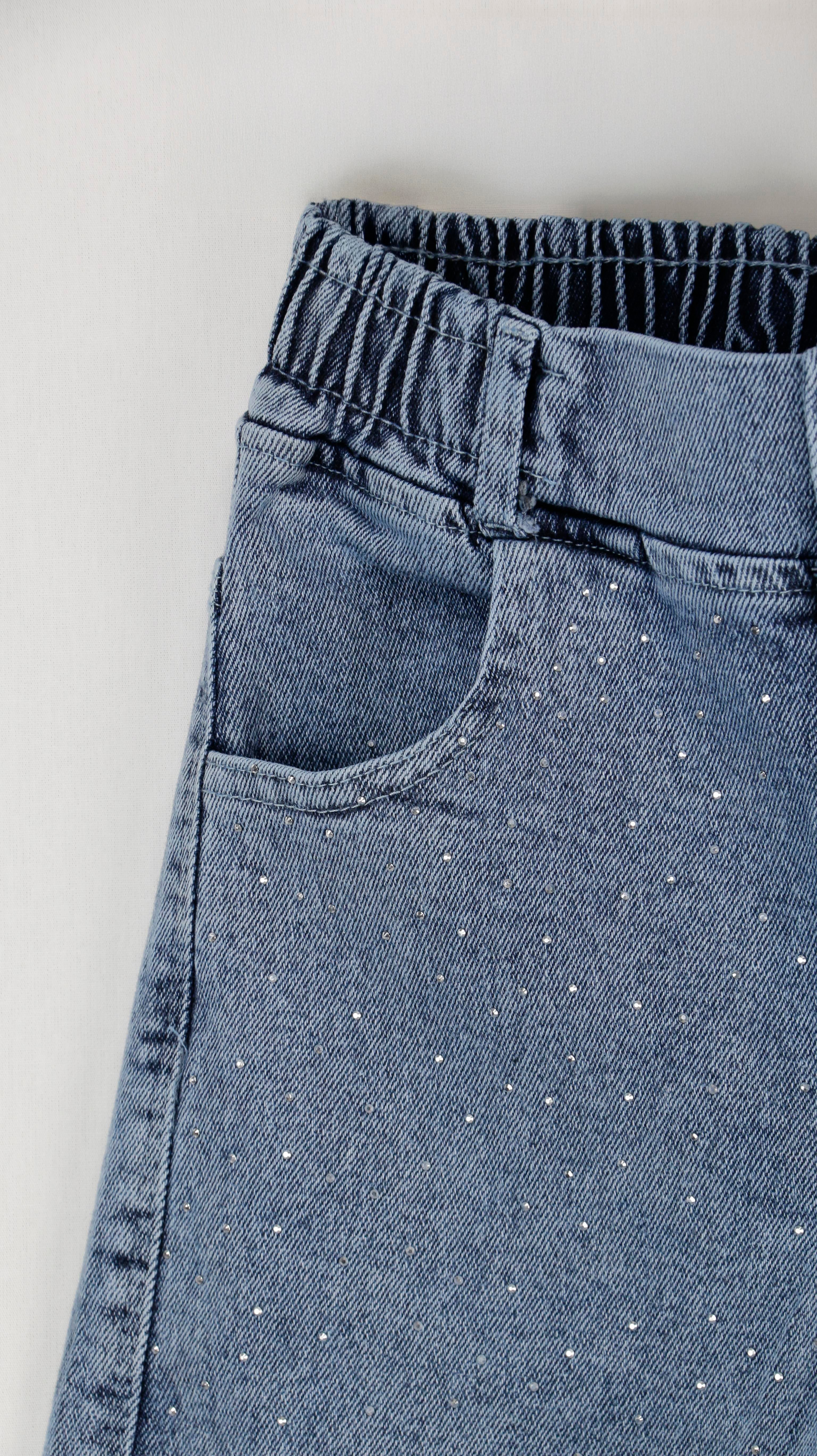 Beli Lastikli Taş Detaylı Kız Çocuk Jean Pantolon