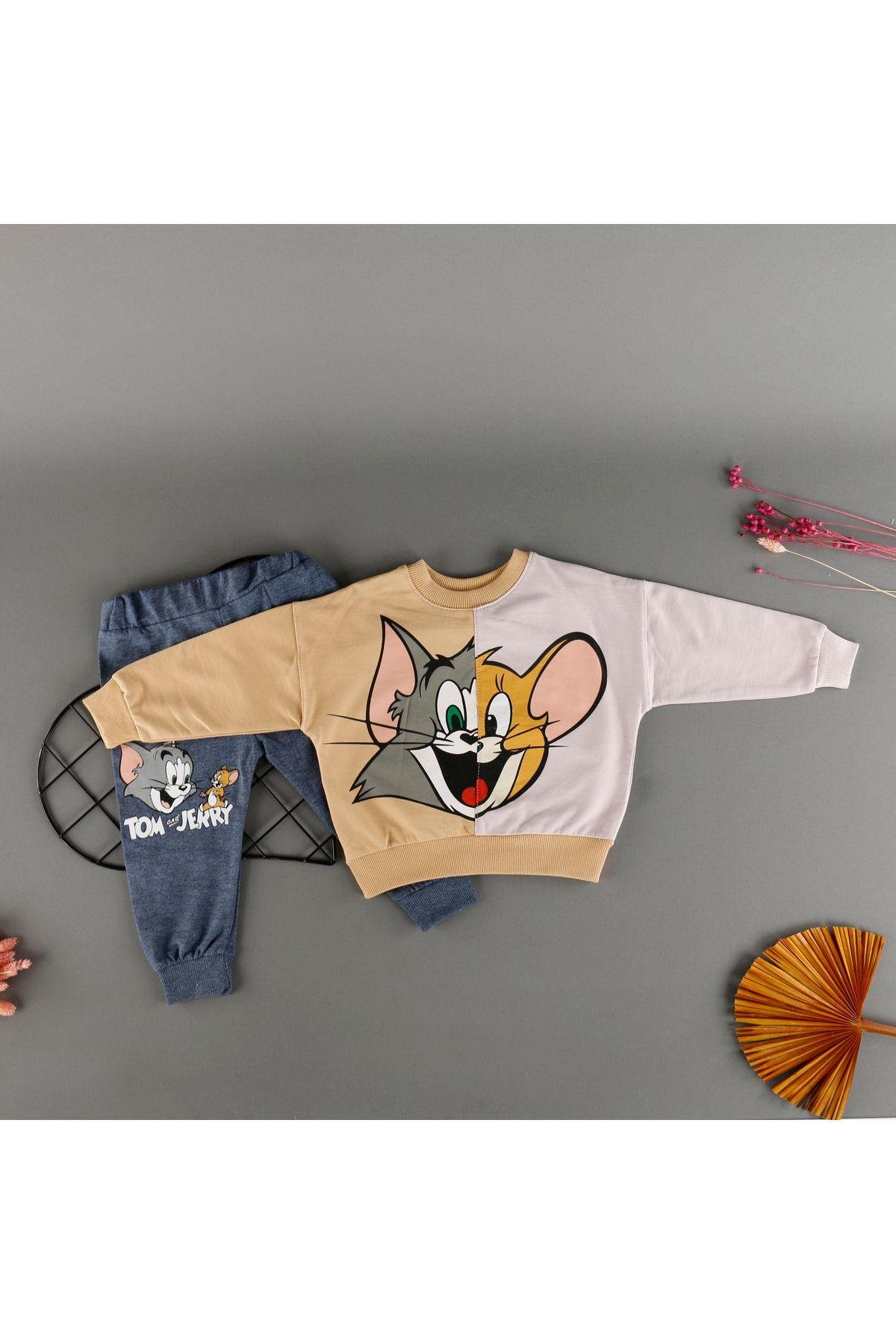 Fare Kedi Baskı Detaylı Bebek Çocuk 2'Li Unisex Takım
