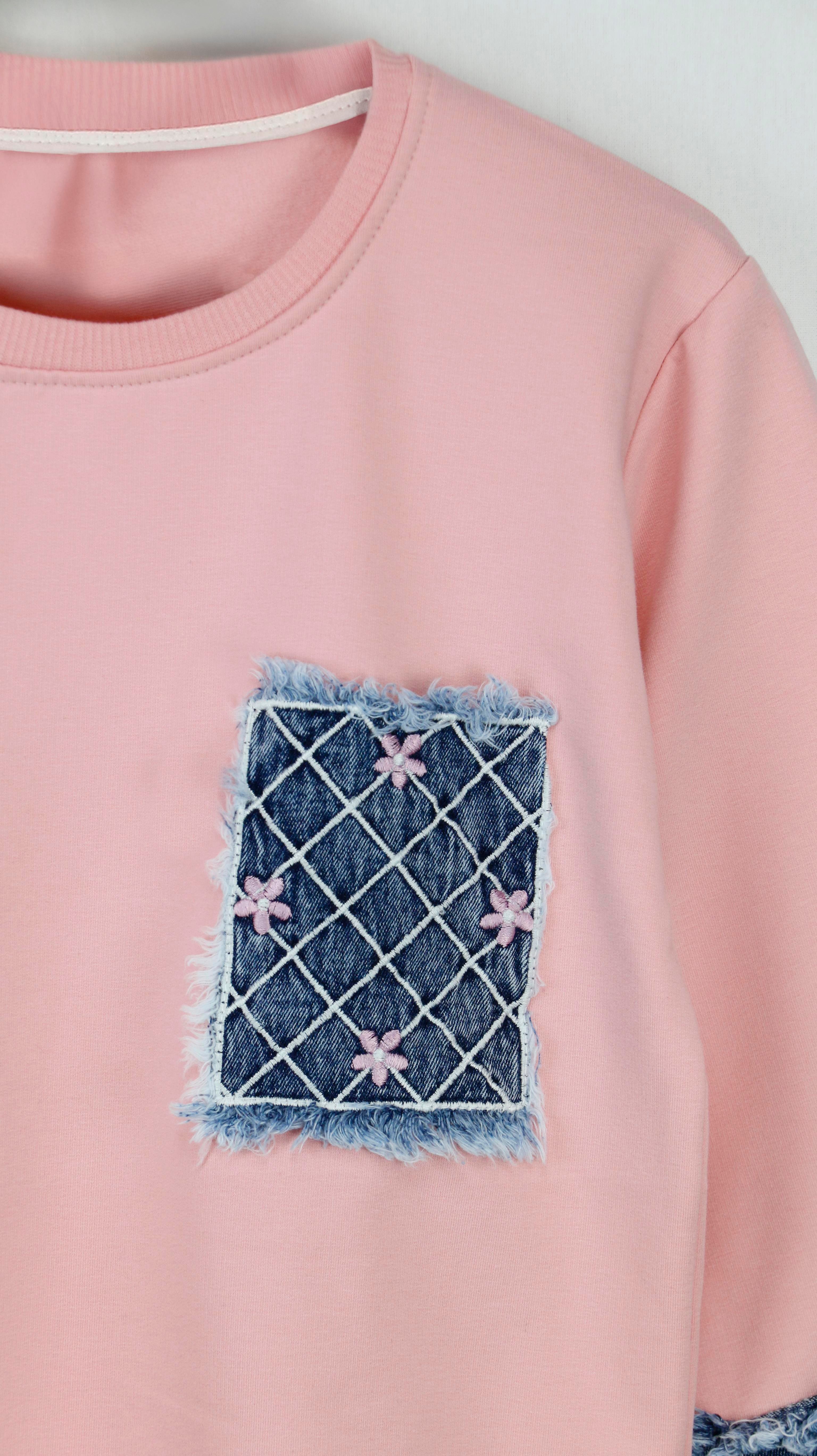 Kot Desen Çiçek Nakışlı Kız Çocuk Sweatshirt