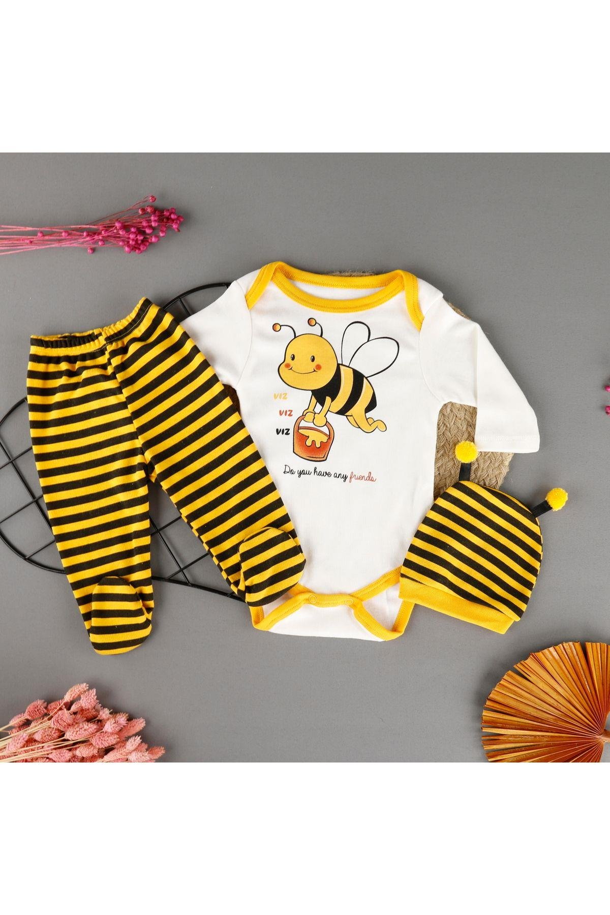 Pamuklu Arı Baskılı Şapkalı 3'lü Zıbın Bebek Set
