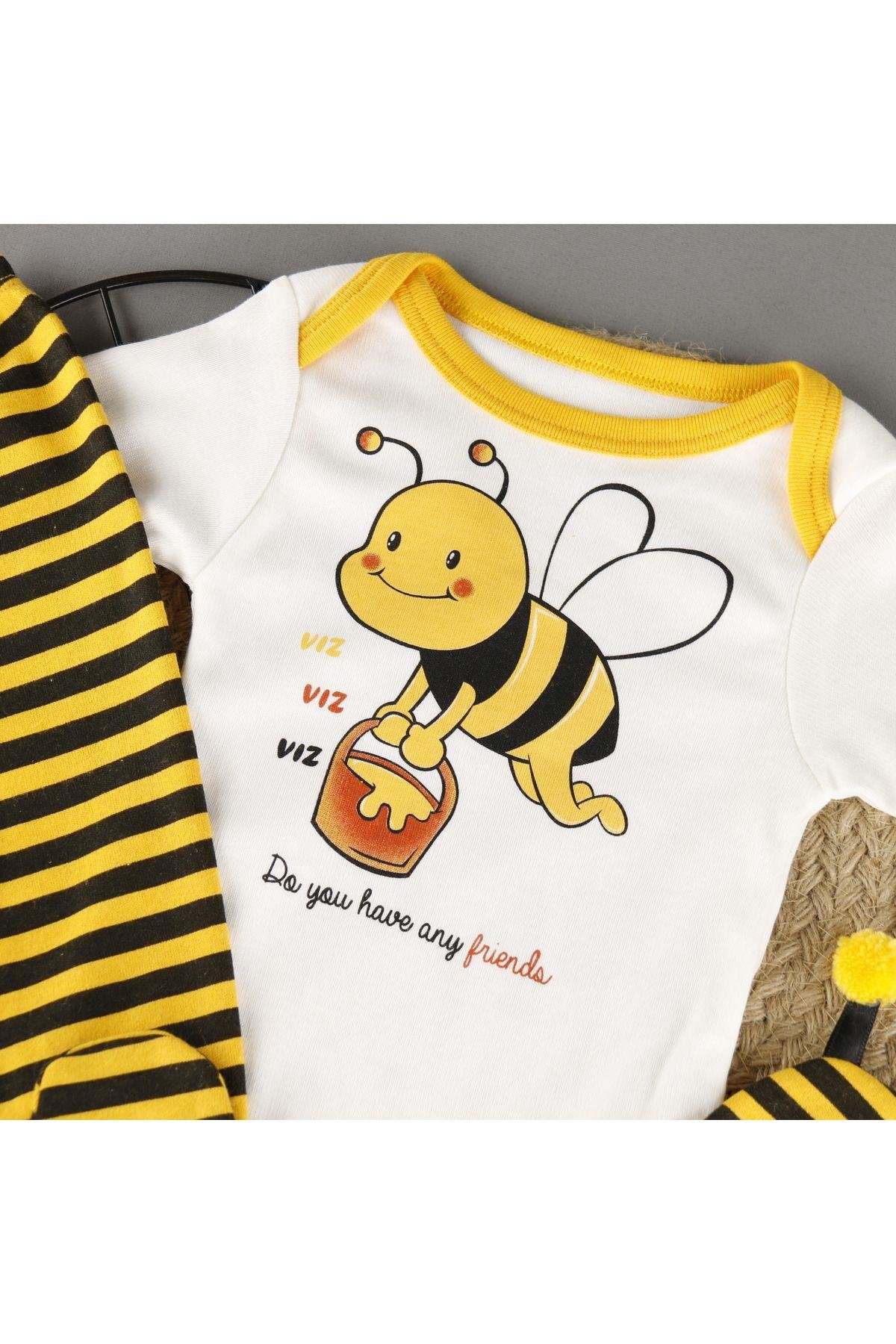 Pamuklu Arı Baskılı Şapkalı 3'lü Zıbın Bebek Set