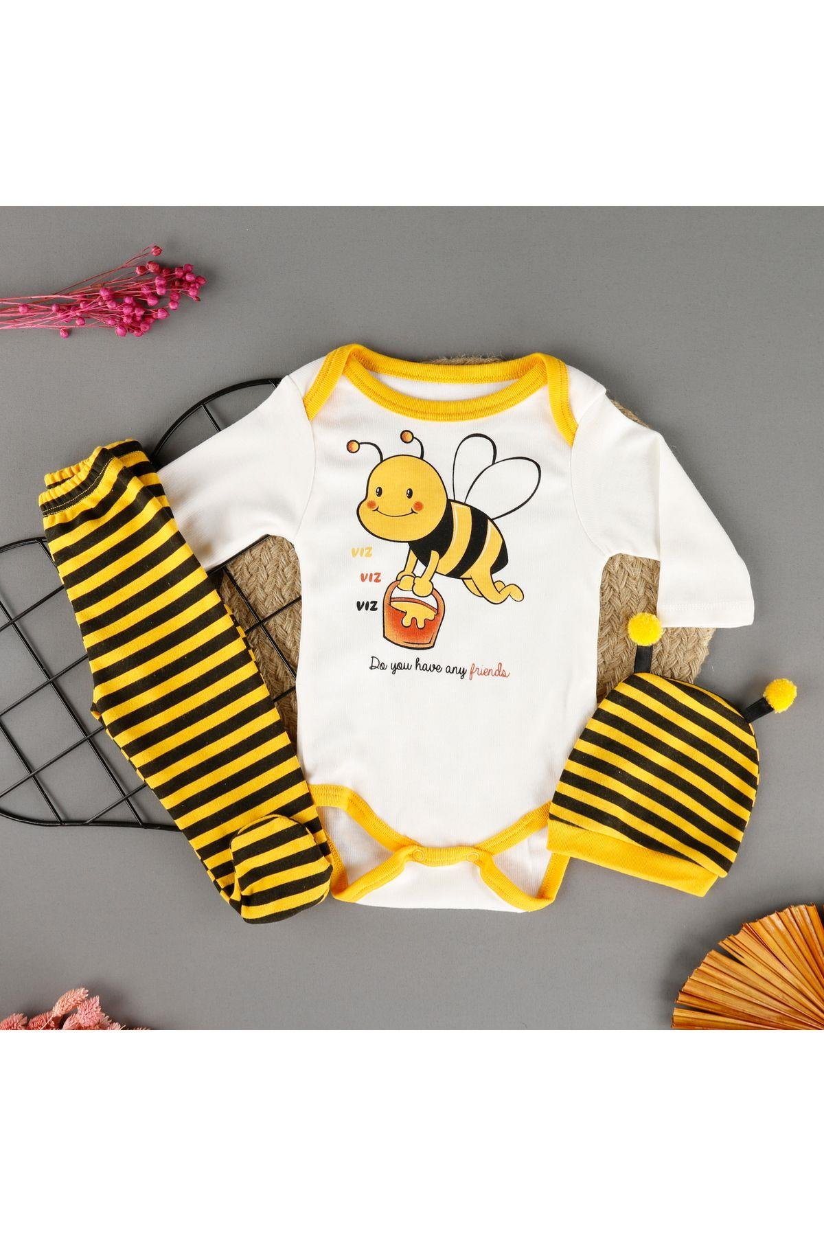 Pamuklu Arı Baskılı Şapkalı 3'lü Zıbın Bebek Set