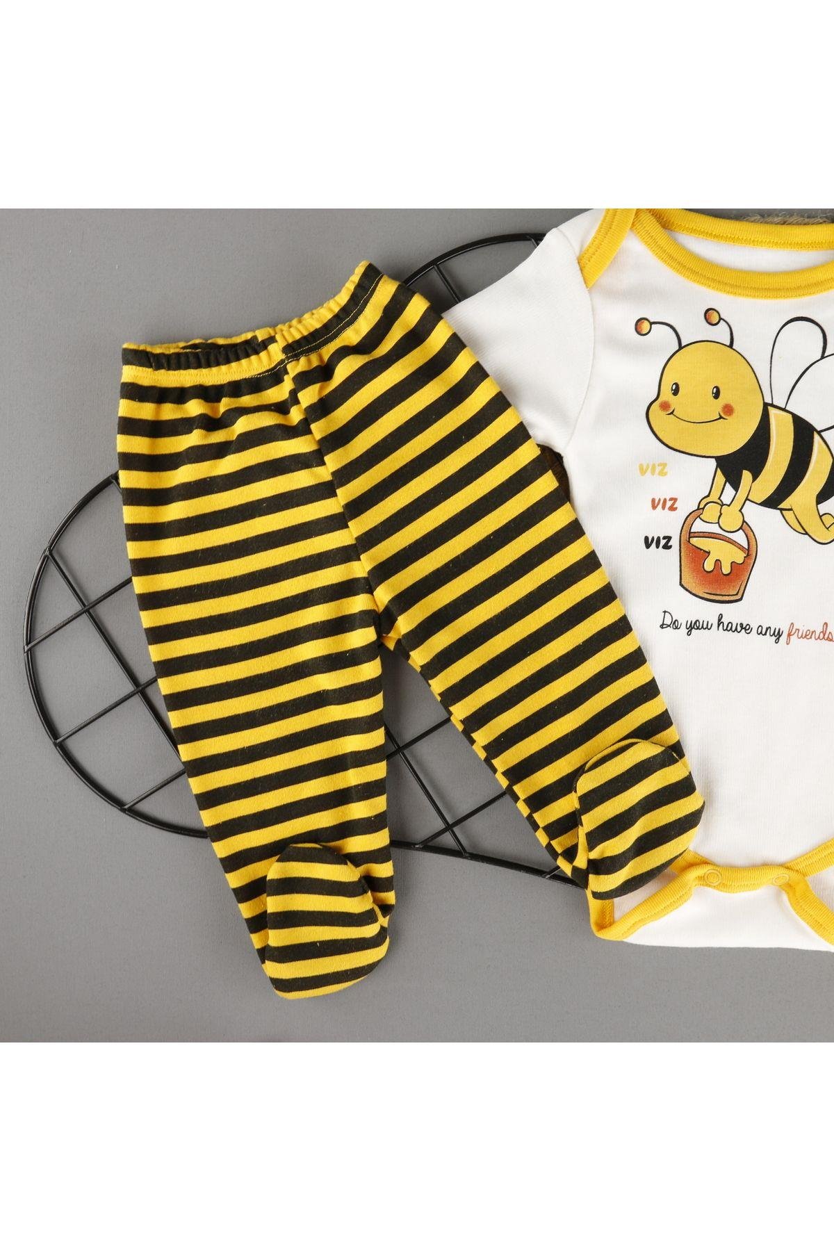 Pamuklu Arı Baskılı Şapkalı 3'lü Zıbın Bebek Set