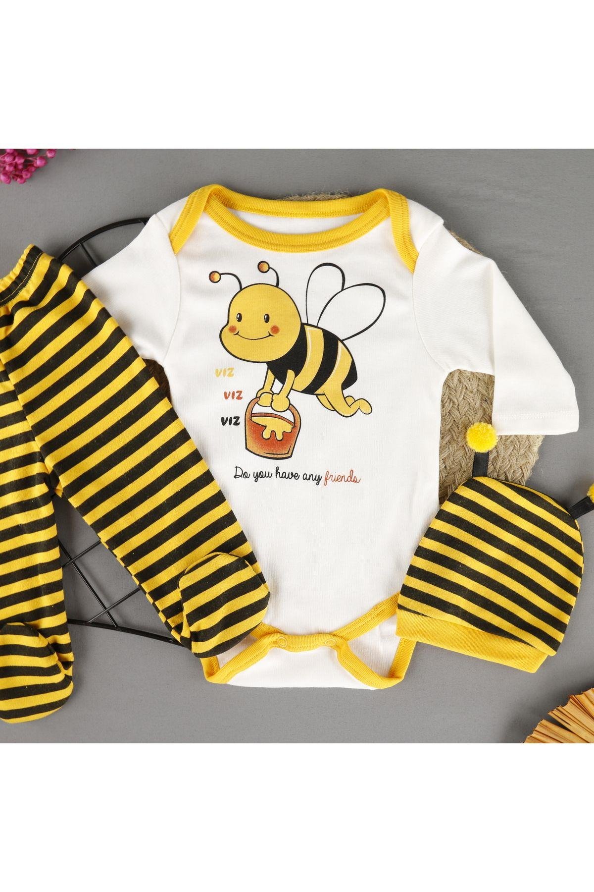 Pamuklu Arı Baskılı Şapkalı 3'lü Zıbın Bebek Set