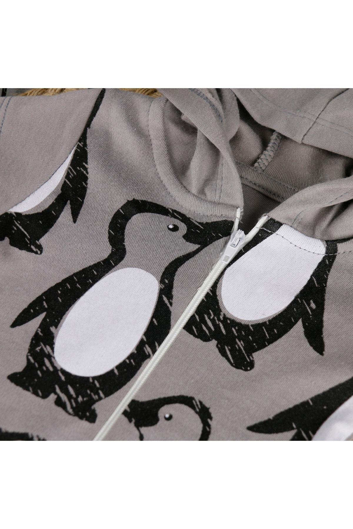 Penguen Baskılı Kapuşonlu Unisex Tulum