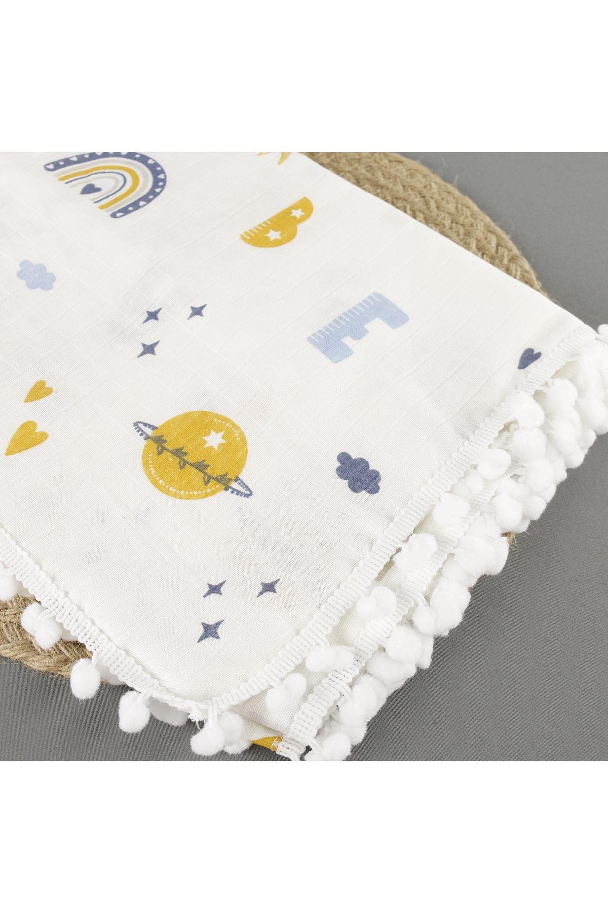 Ponponlu Çift Taraflı Müsin Battaniye Bebek Yenidoğan 85x90