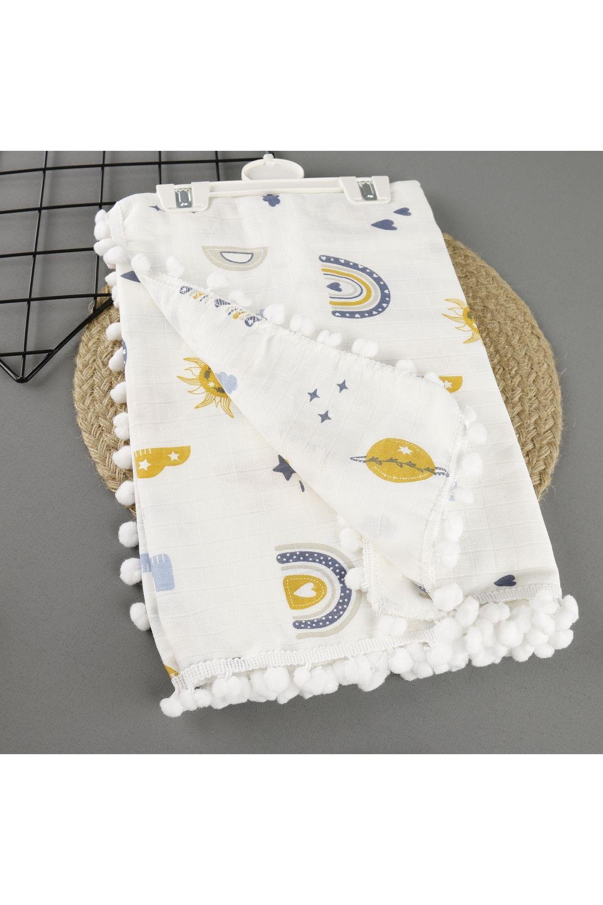 Ponponlu Çift Taraflı Müsin Battaniye Bebek Yenidoğan 85x90