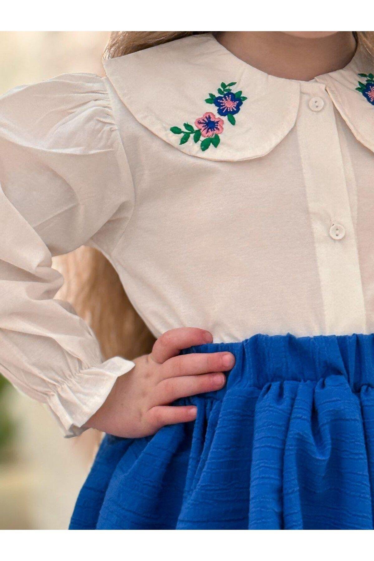 Yakası Nakışlı  Gömlekli Etekli Tokalı 3'Lü Kız Takım