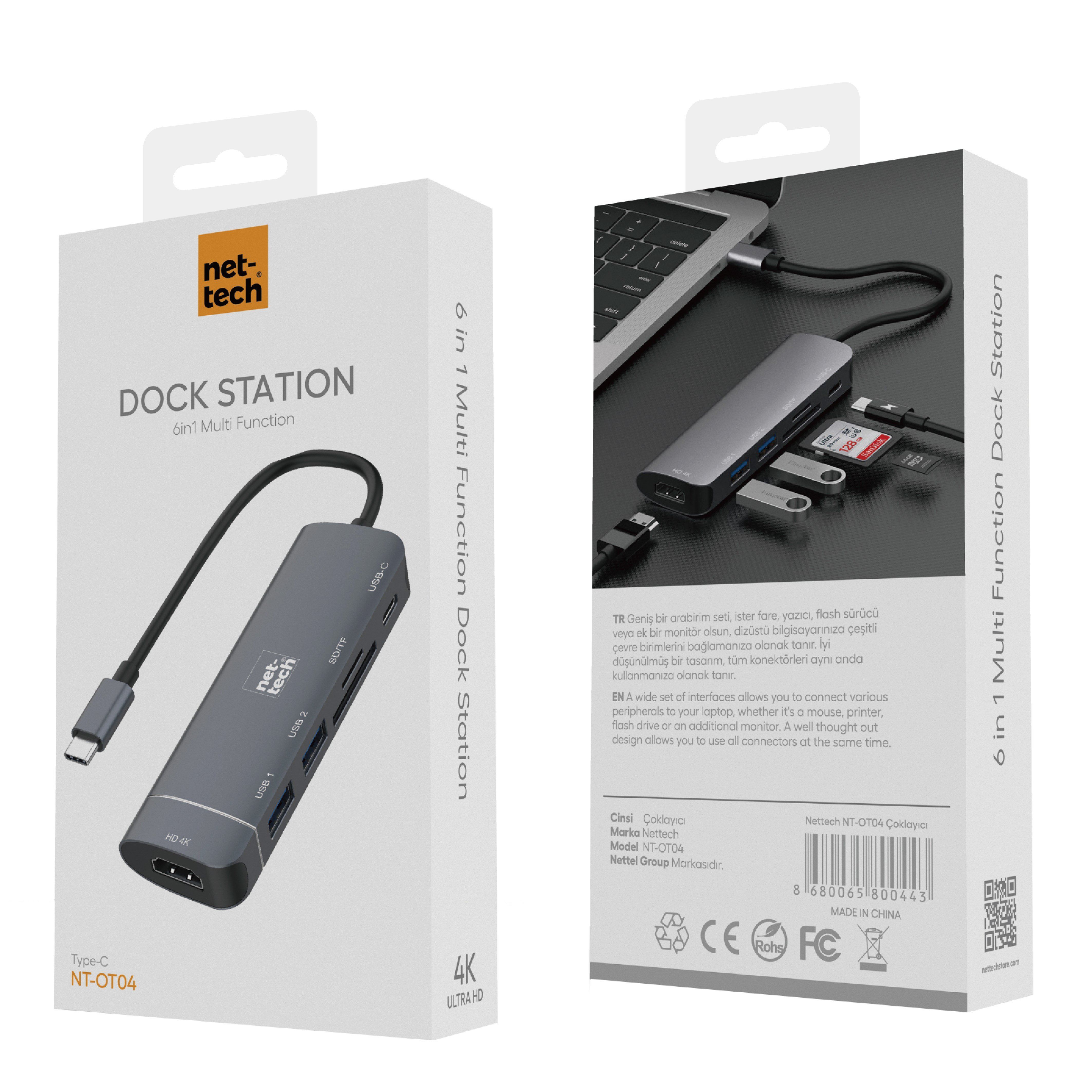 Nettech NT-0T04 USB + Hdmi + SD Kart To Type-C Dönüştürücü NT-100955
