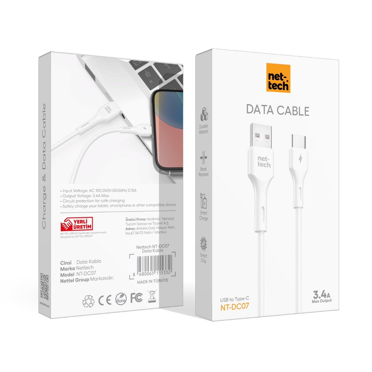 Nettech NT-DC07 3.4A Plastik 100 Cm Type-C Şarj ve Data Kablosu NT-DC07