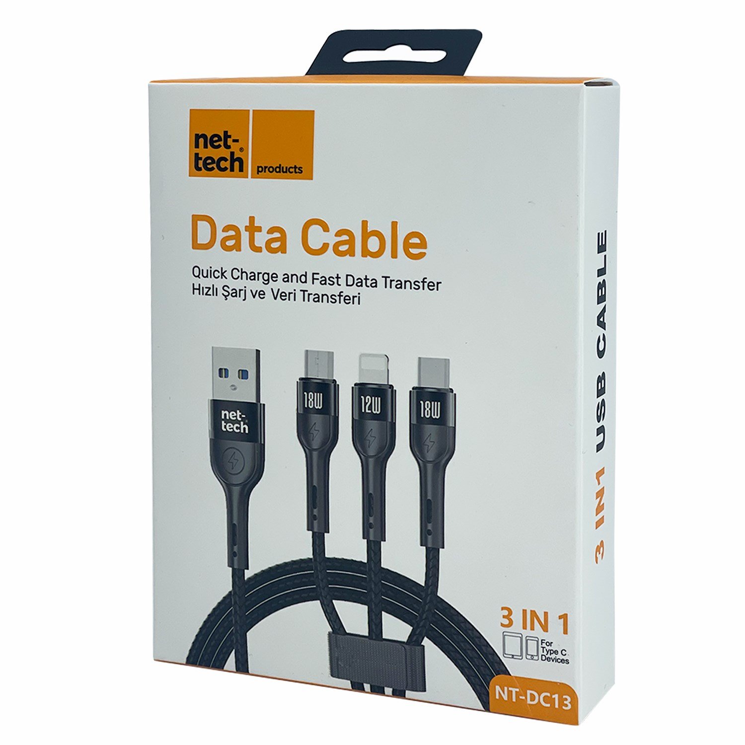 Nettech NT-DC13 İp Örgü 100 Cm USB To Micro + Lightning + Type-C Şarj ve Data Kablosu NT-DC13
