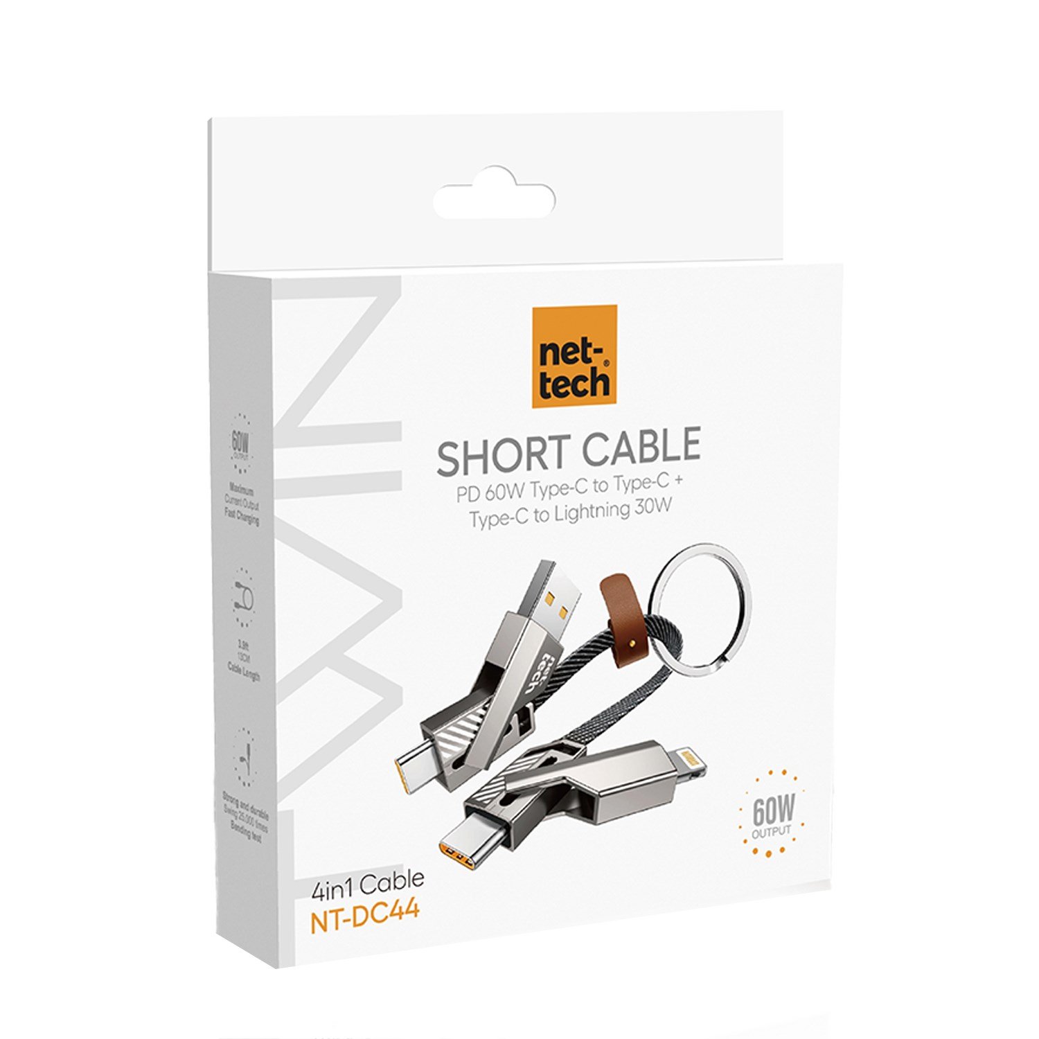 Nettech NT-DC44 4 in 1 60W İp Örgü USB To Micro + Lightning + Type-C Şarj ve Data Kablosu NT-108315
