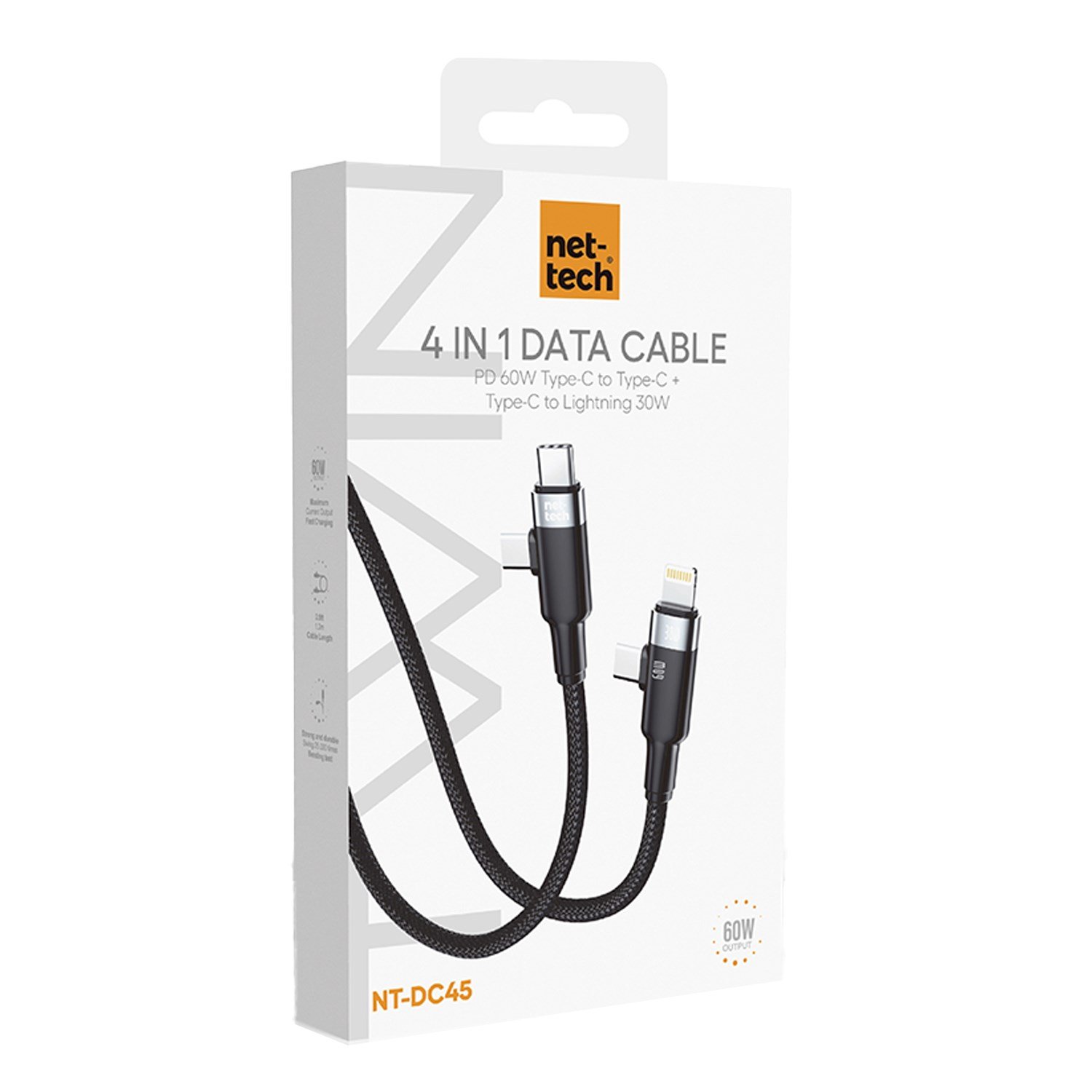 Nettech NT-DC45 60W+30W Plastik 100 Cm Type-C To Type-C+Lightning Şarj ve Data Kablosu NT-108316