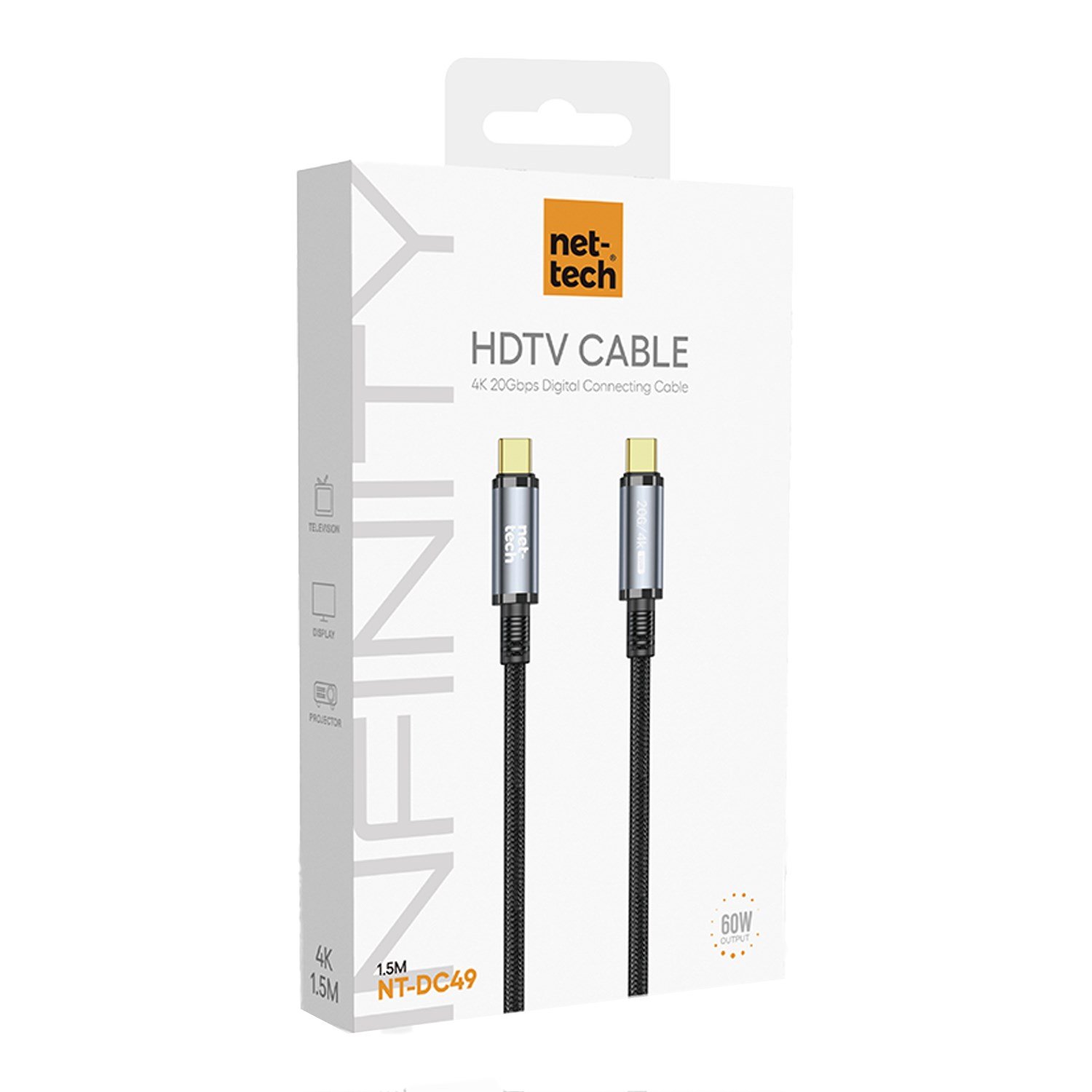 Nettech NT-DC49 USB3.2 20Gbps HDTV Plastik 100 Cm Type-C To Type-C Şarj ve Data Kablosu NT-108322