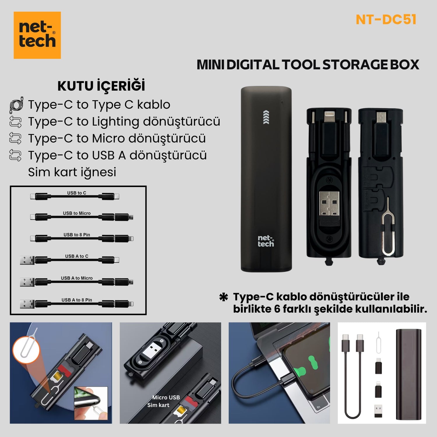 Nettech NT-DC51 Mini Digital Tool Storage Box Şarj ve Data Kablosu NT-111351