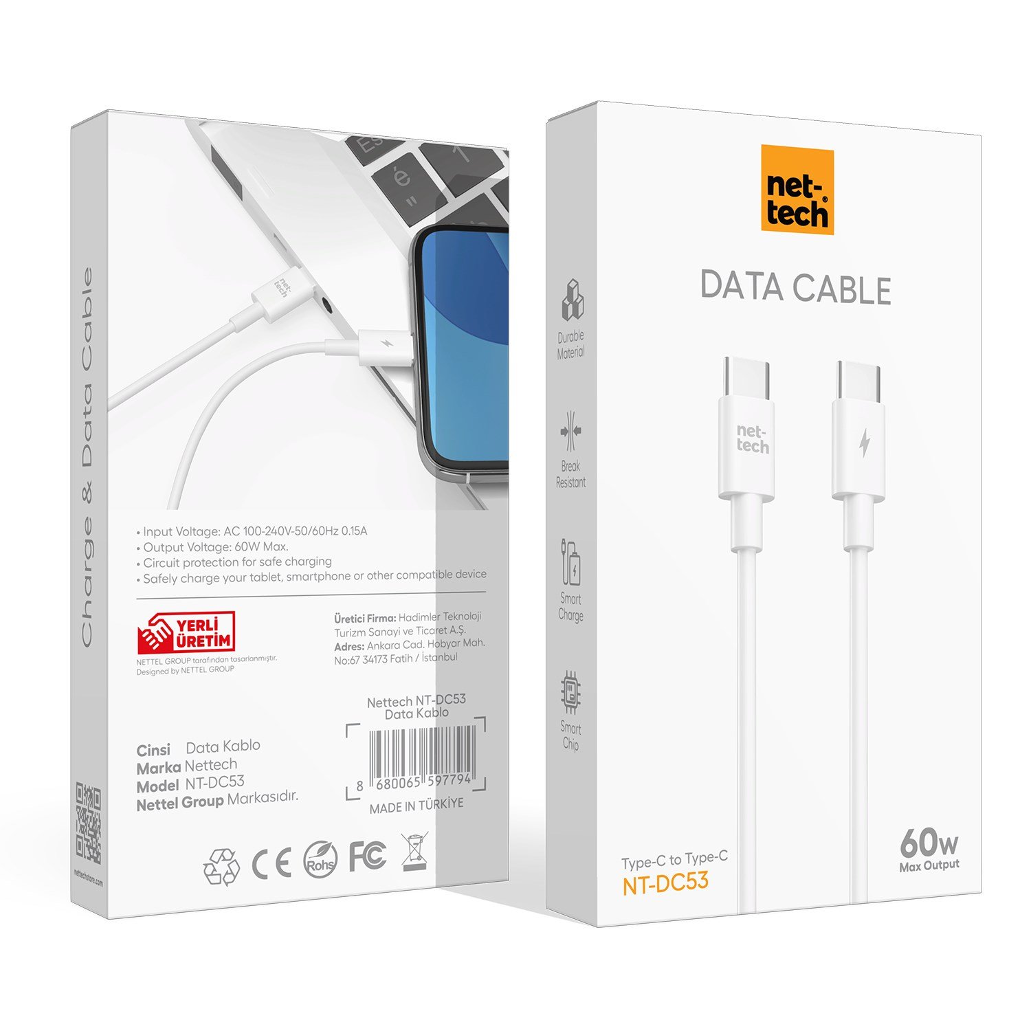 Nettech NT-DC53 60W Plastik 100 Cm Type-C To Type-C Şarj ve Data Kablosu NT-112819