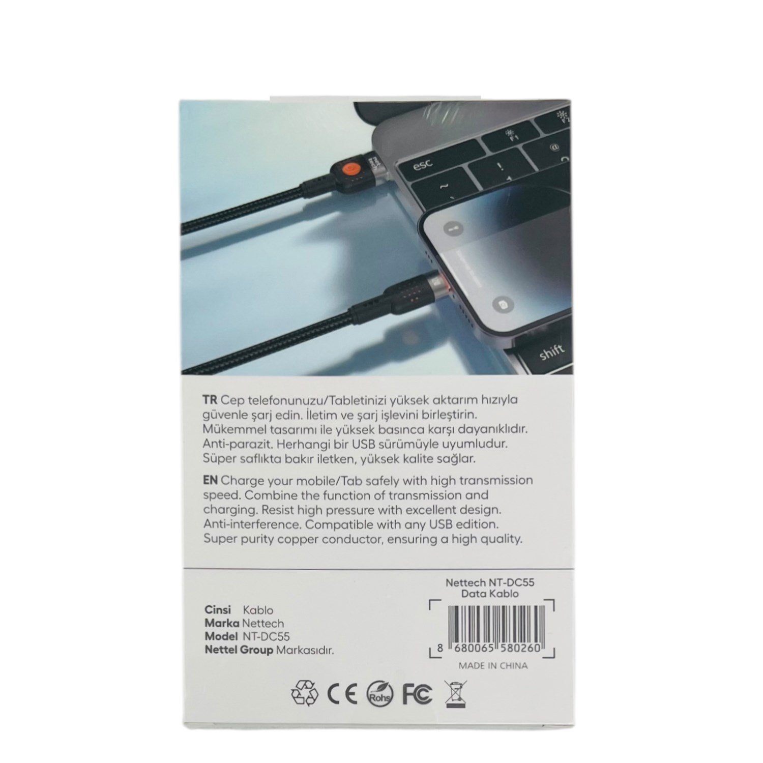Nettech NT-DC55 12W İp Örgü 300 Cm Lightning Şarj ve Data Kablosu NT-113848