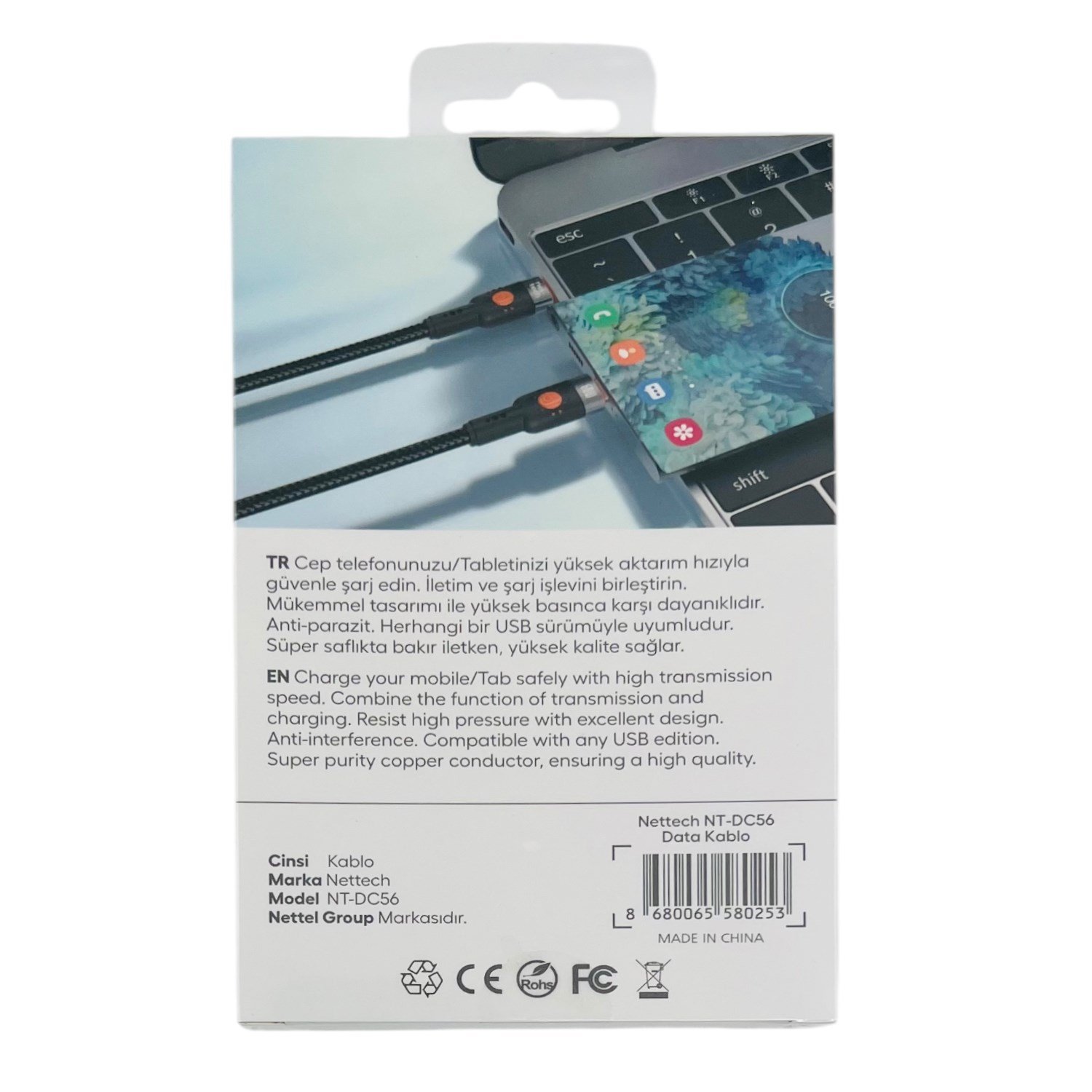Nettech NT-DC56 60W İp Örgü 300 Cm Type-C To Type-C Şarj ve Data Kablosu NT-113849