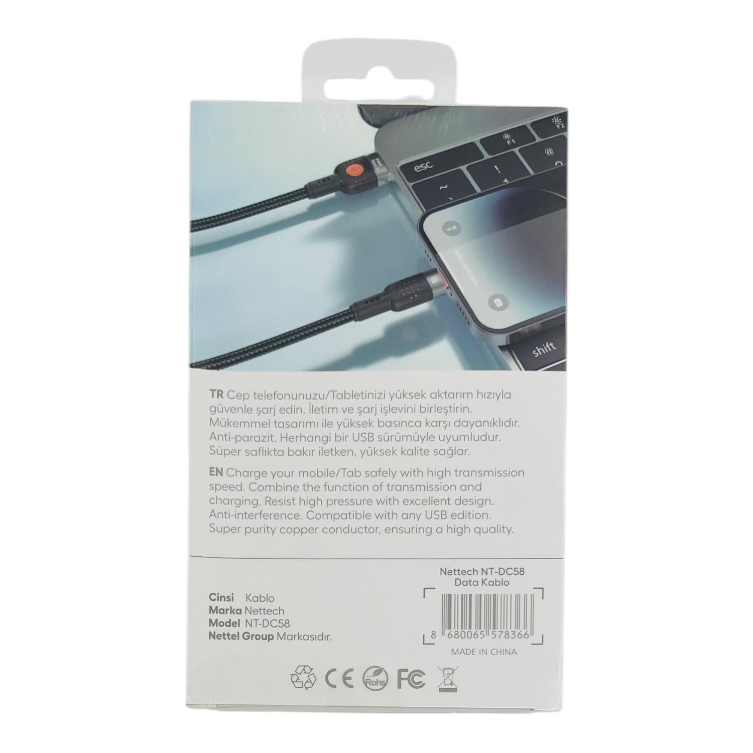 Nettech NT-DC58 18W Plastik 300 Cm Type-C Şarj ve Data Kablosu NT-113904