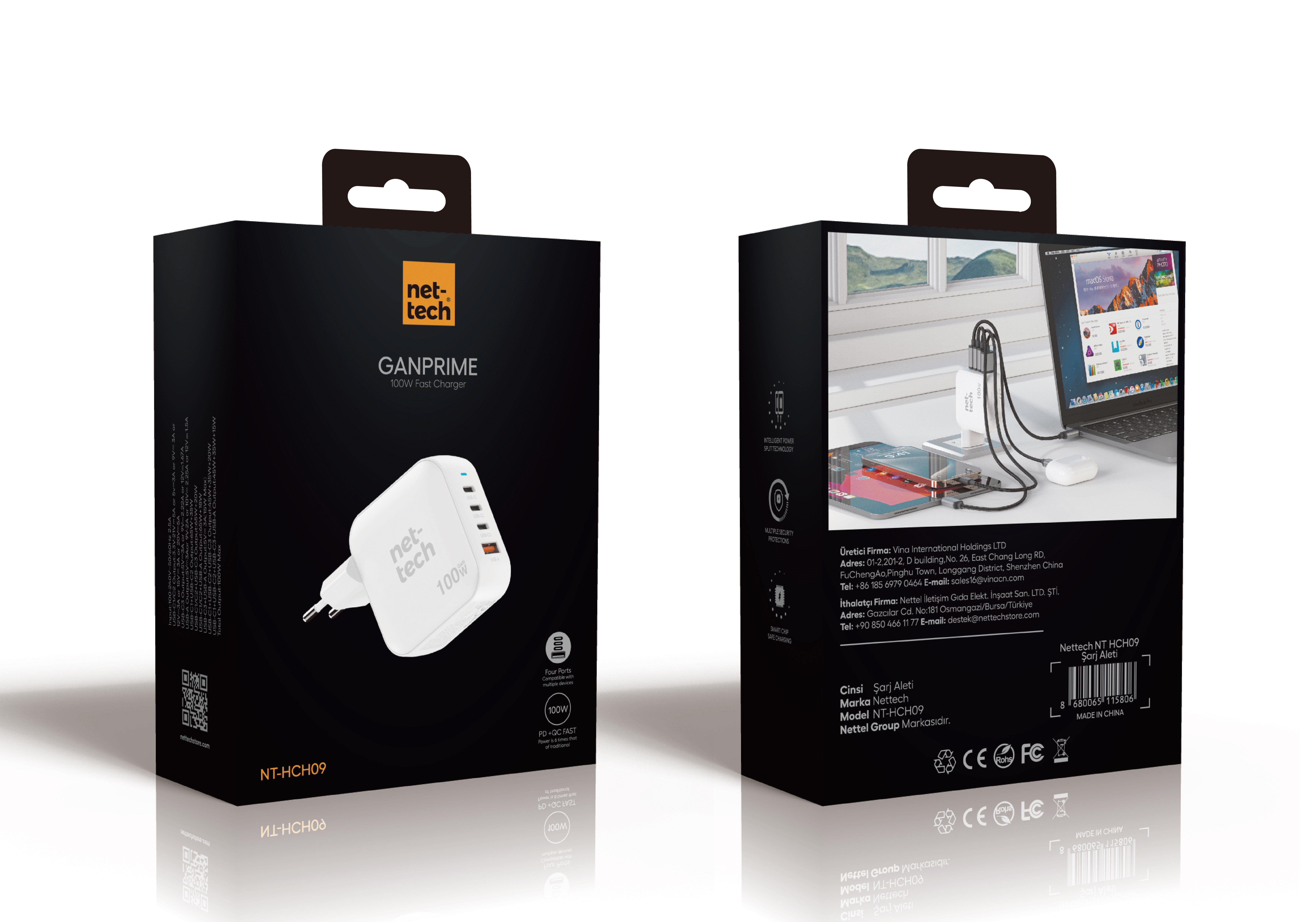 Nettech NT-HCH09 100W PD+QC GaNPrime Şarj Aleti NT-HCH09