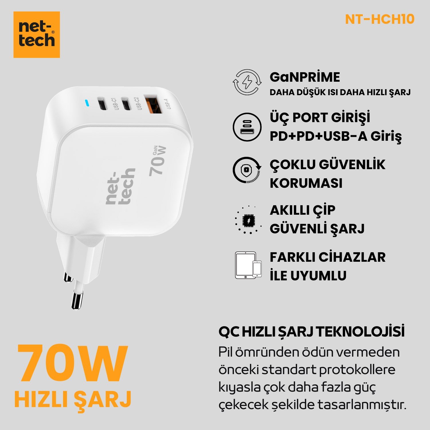Nettech NT-HCH10 70W PD+QC GaNPrime Şarj Aleti NT-HCH10