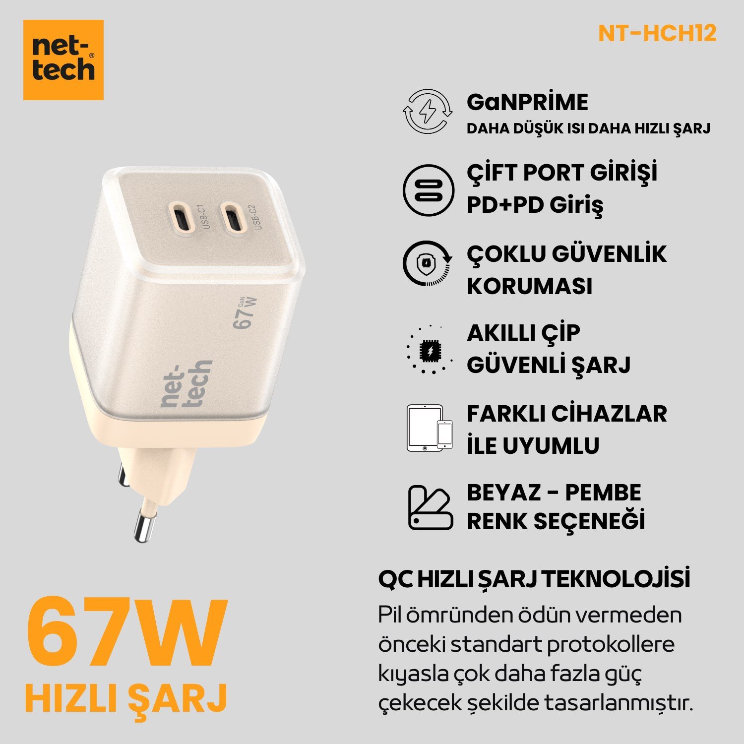 Nettech NT-HCH12 PD+QC GaNPrime 67W Şarj Aleti NT-HCH1200001