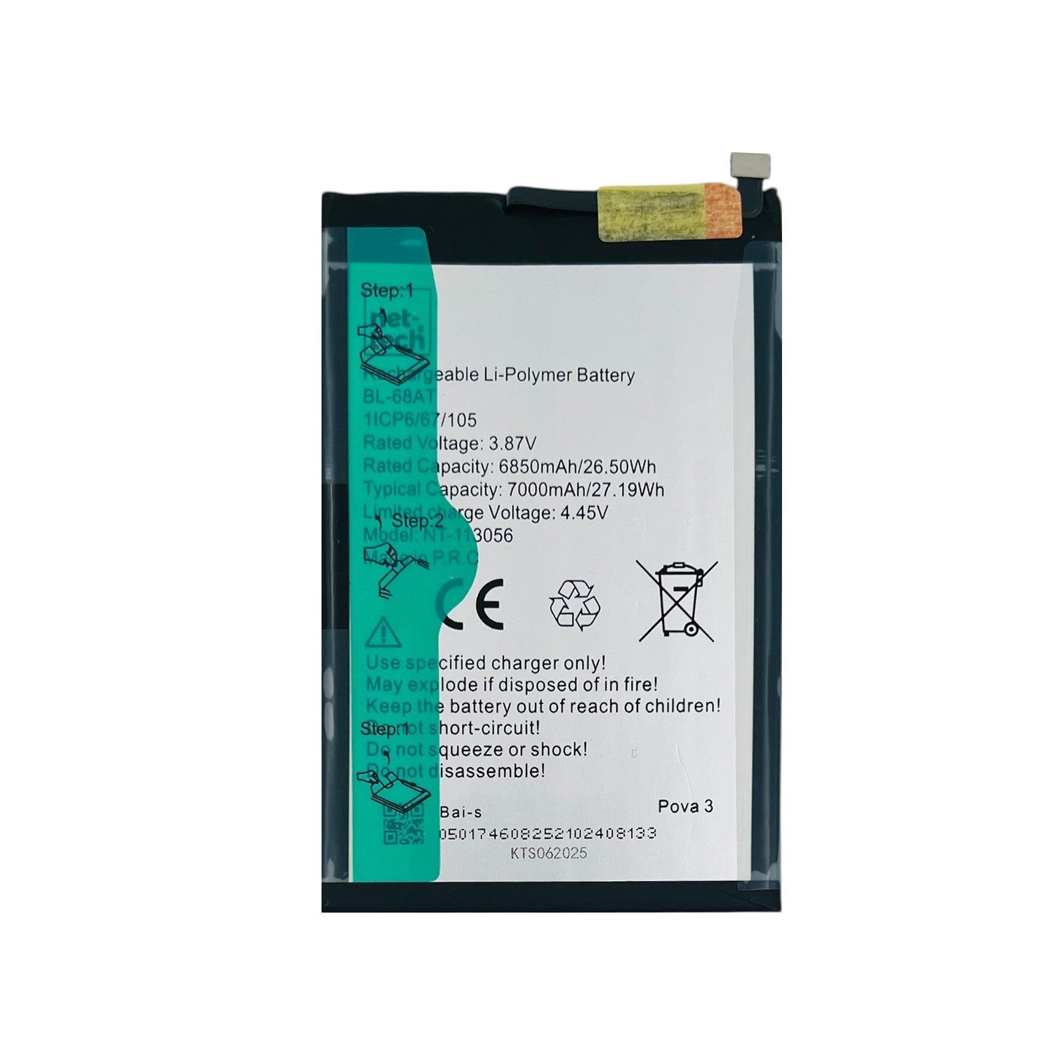 Teknonet Tecno Pova 3 Uyumlu Nettech BL-68AT 6000 MAh Batarya NT-113056
