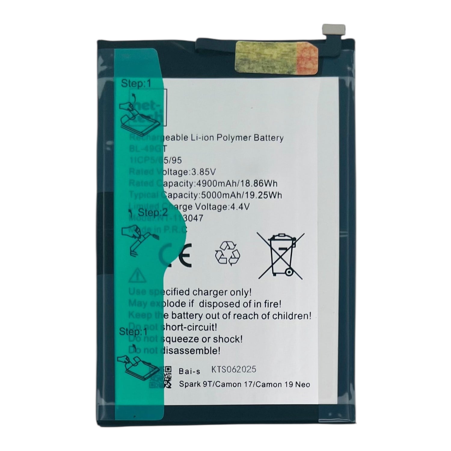 Teknonet Tecno Spark 9 Pro Uyumlu Nettech BL-49GT 5000 MAh Batarya NT-113047
