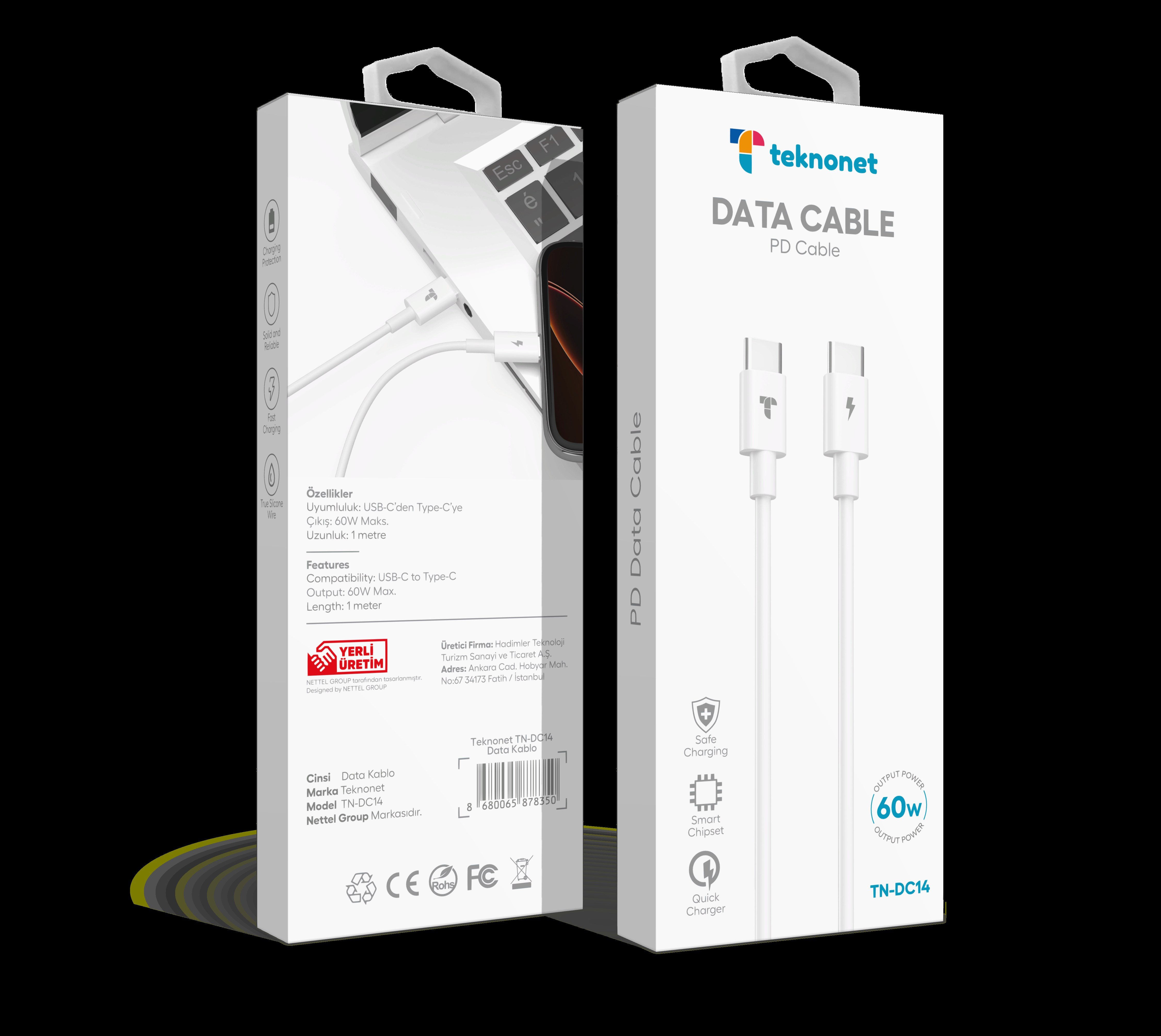 Teknonet TN-DC14 PD 20W QC3.0A Plastik 100 Cm Type-C To Type-C Şarj ve Data Kablosu NT-92580