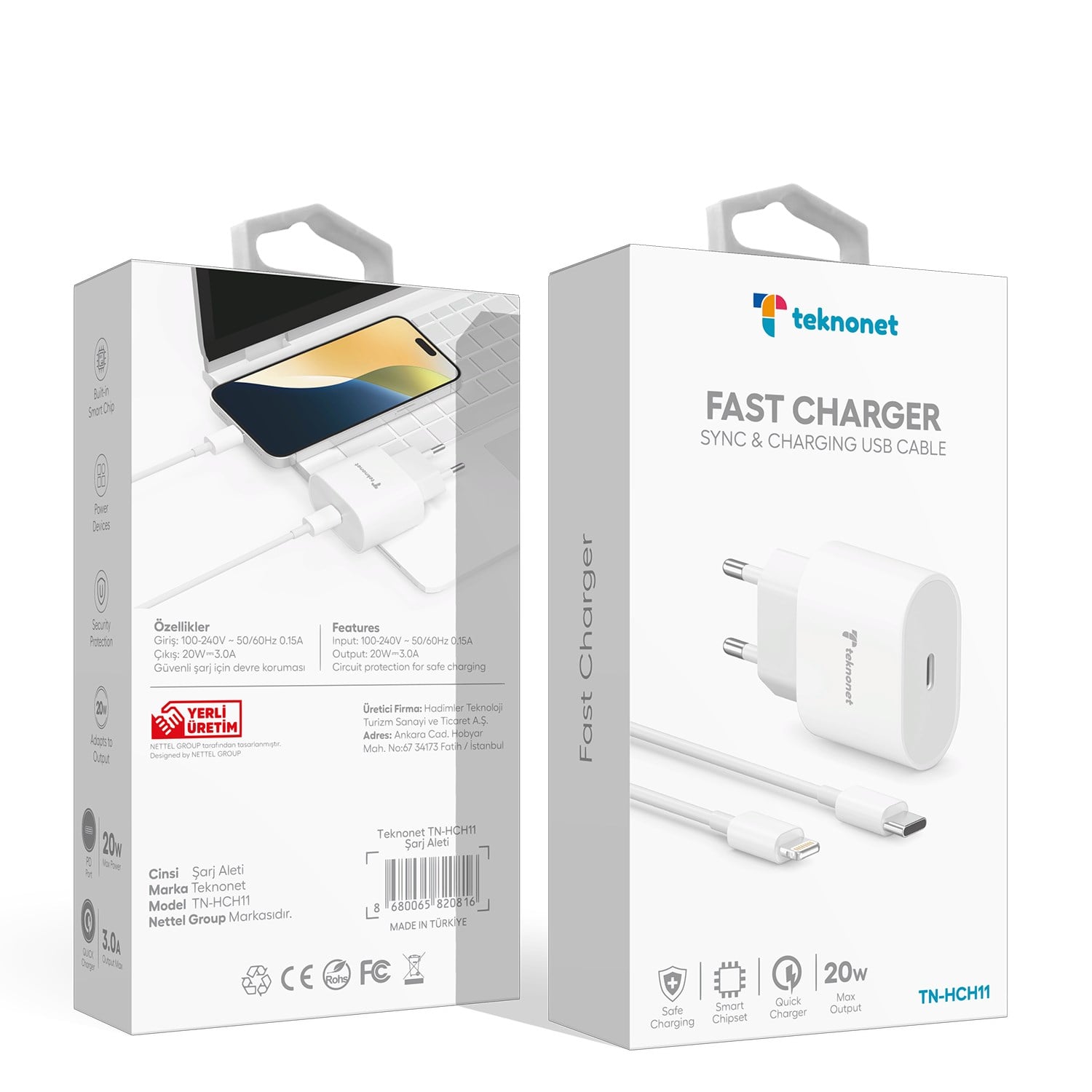 Teknonet TN-HCH11 20W PD 3000 mAh Lightning Kablo + Şarj Aleti NT-98784
