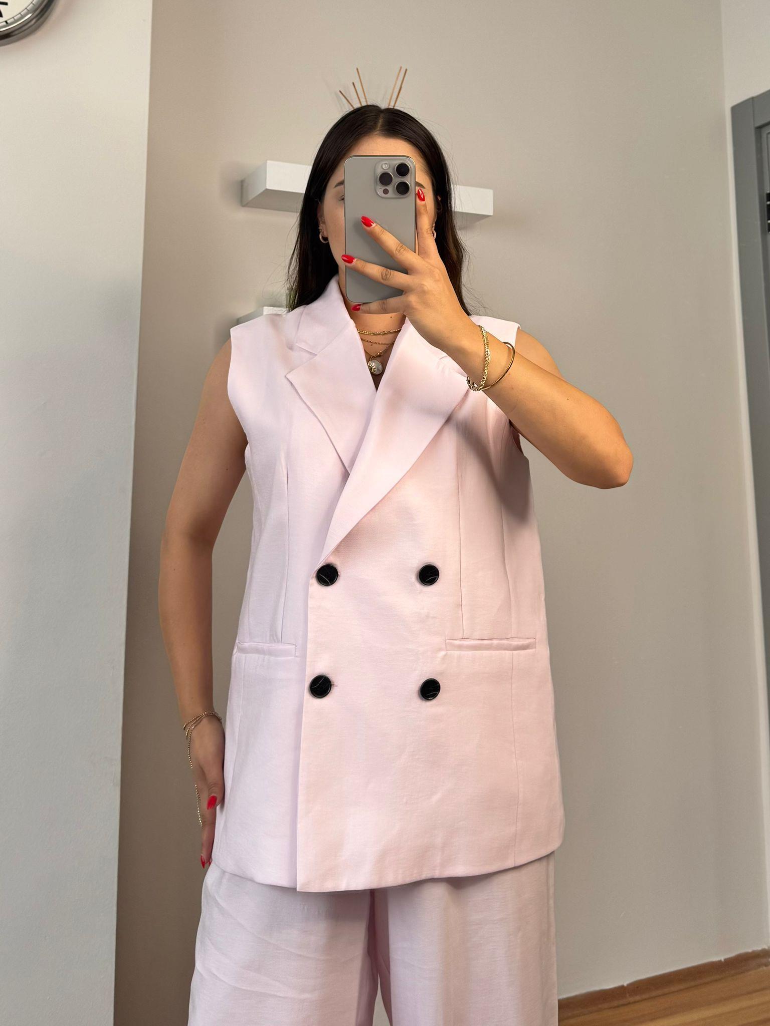 Premium Seri Tensel Kumaş Yelek Palazzo Takım toz pembe
