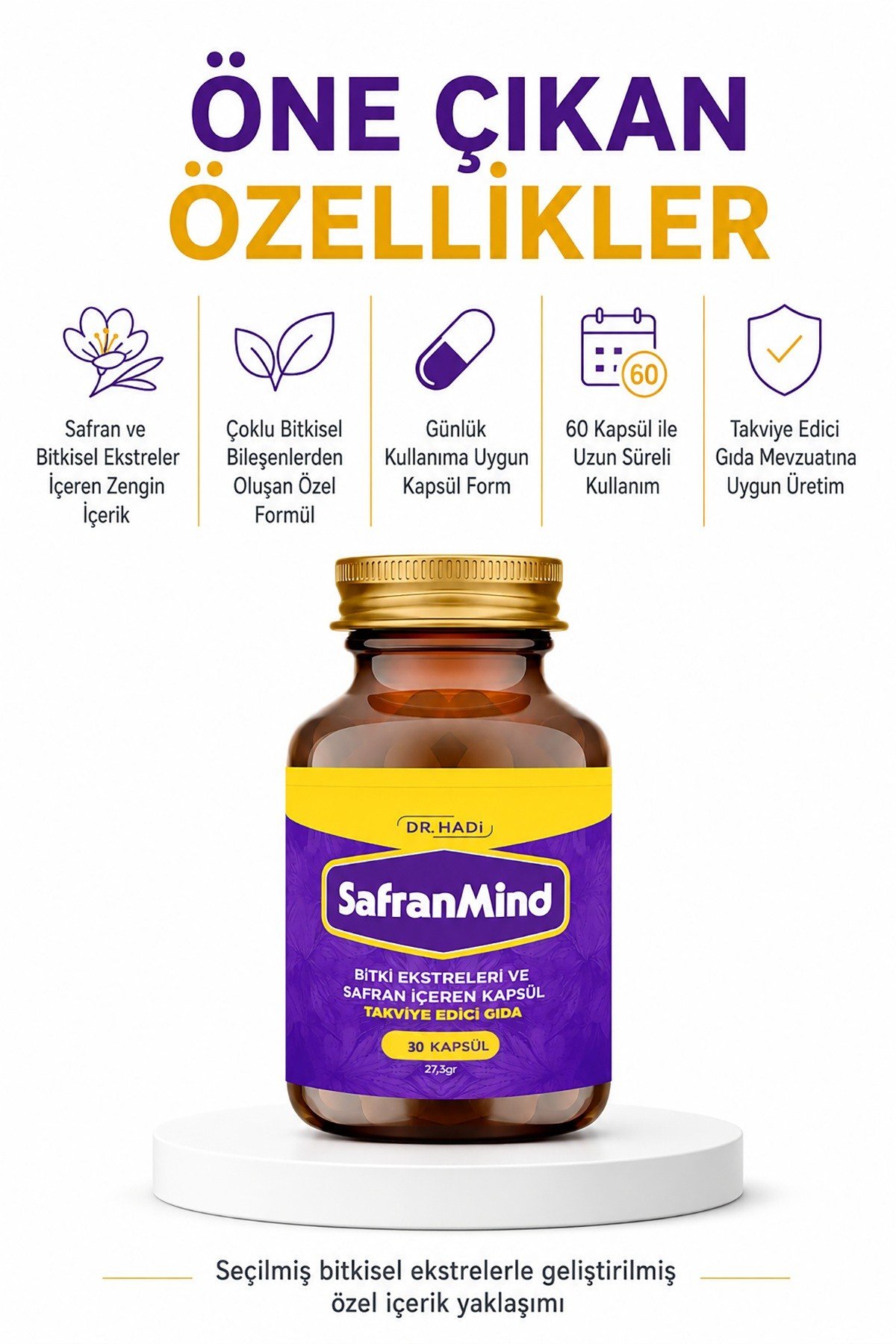 Dr Hadi SafranMind - Safran - Sarı Kantaron - Gingko Biloba İçeren Takviye edici Gıda - 30 Kapsül 