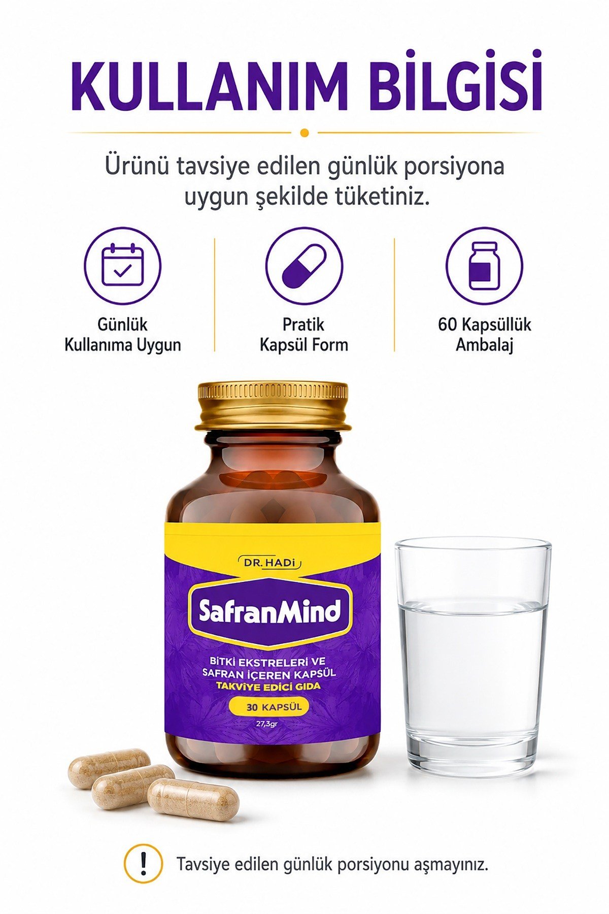 Dr Hadi SafranMind - Safran - Sarı Kantaron - Gingko Biloba İçeren Takviye edici Gıda - 30 Kapsül 