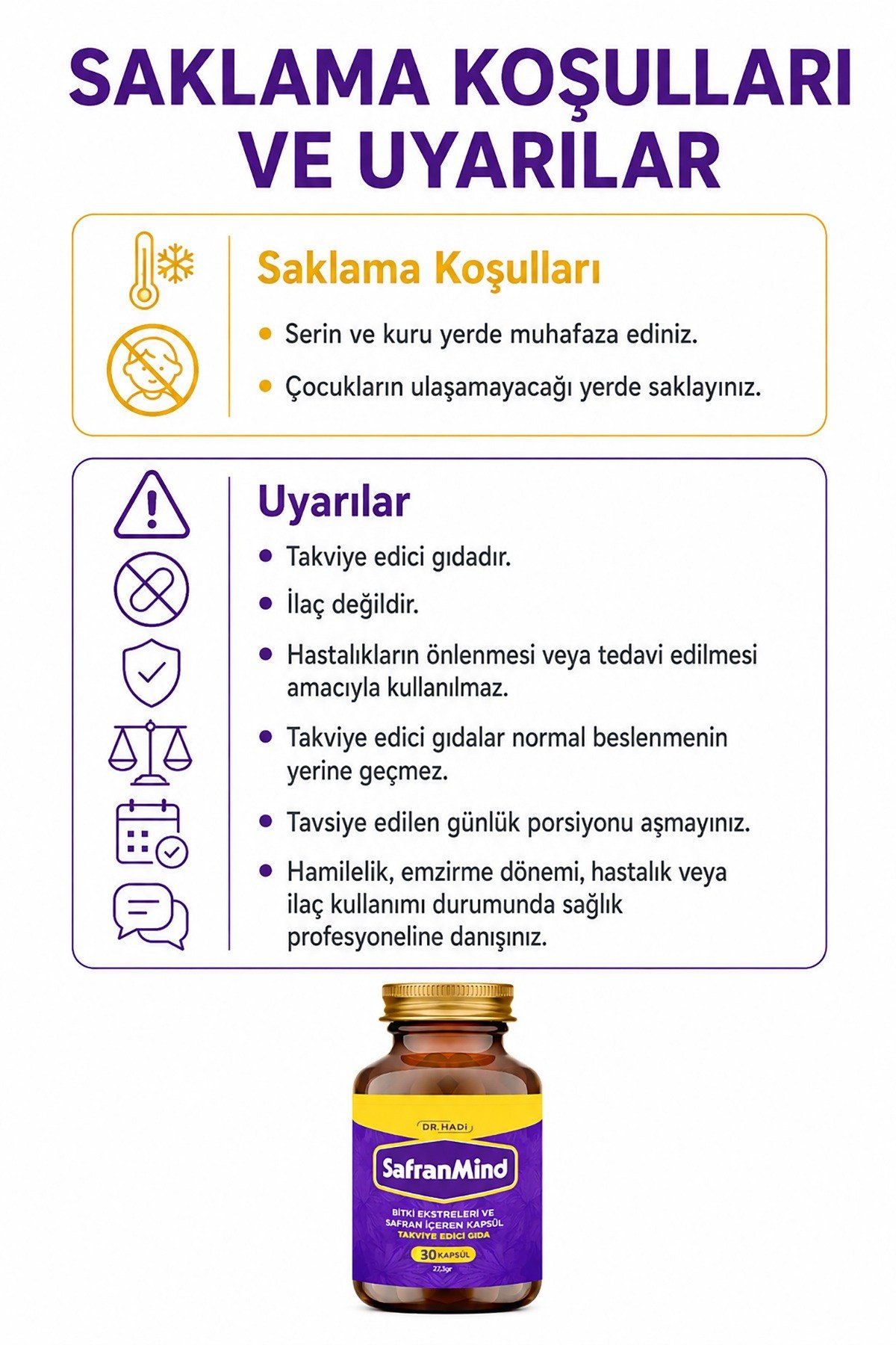 Dr Hadi SafranMind - Safran - Sarı Kantaron - Gingko Biloba İçeren Takviye edici Gıda - 30 Kapsül 