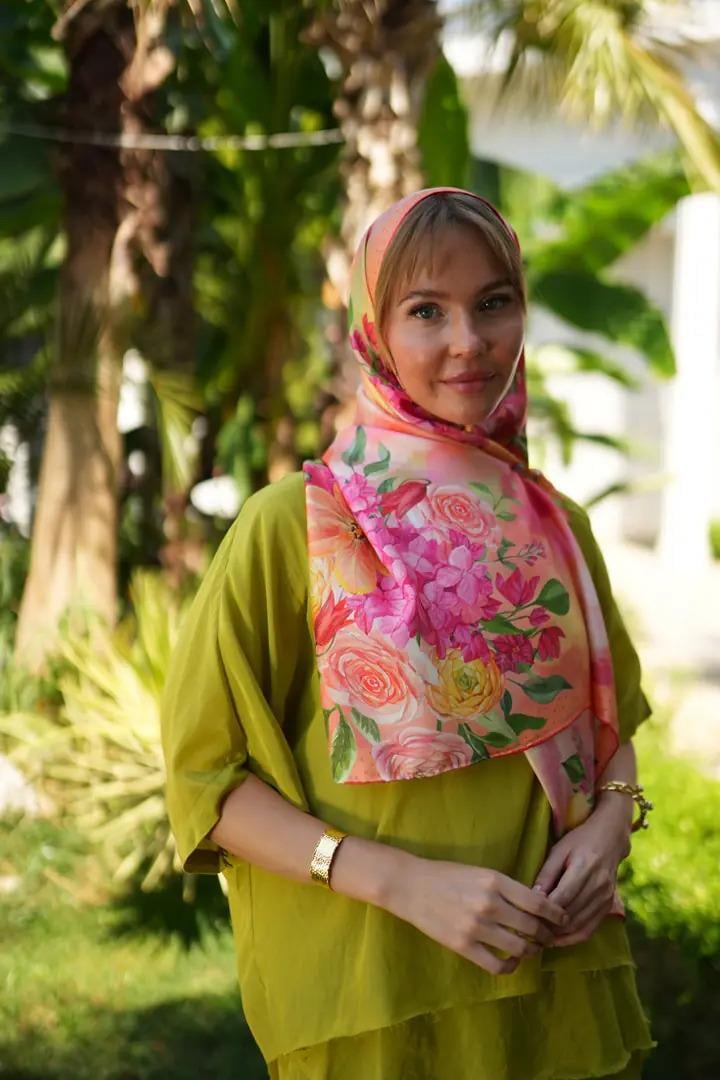 Mihrie Tivil İpek Eşarp Pembe-Turuncu
