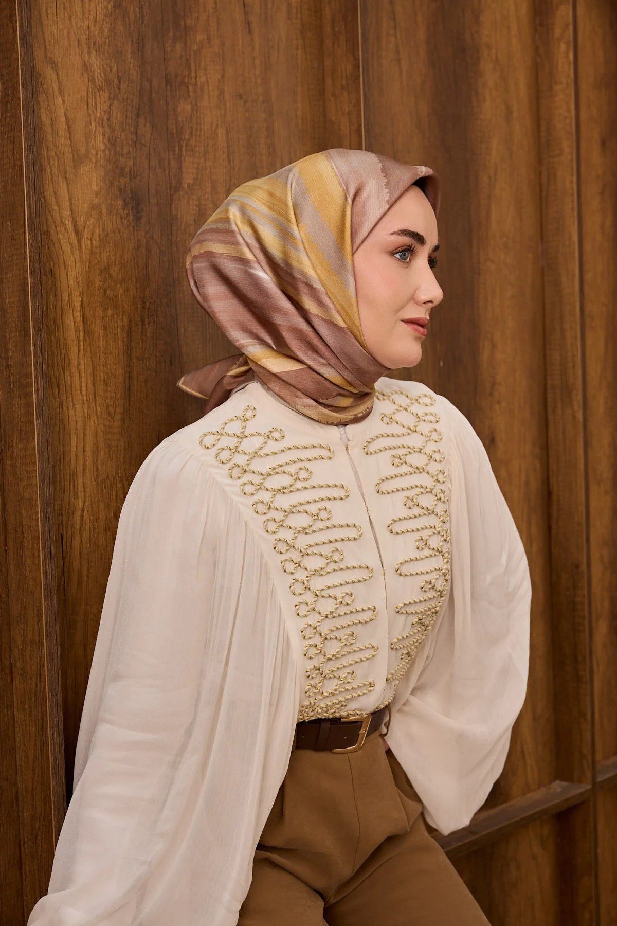 Silk Home Tivil İpek Eşarp Kahve-Hardal 09