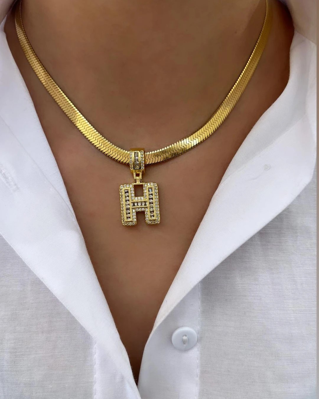 Çelik İtalyan Zincir ve Zirkon Taşlı Çelik Harf Kolye Kombin H Harfi Gold