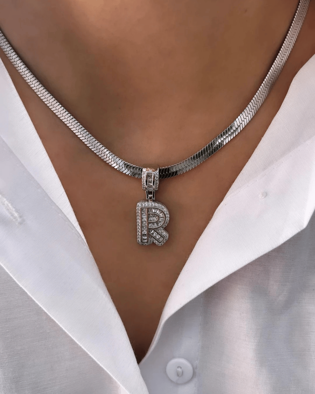 Çelik İtalyan Zincir ve Zirkon Taşlı Çelik Harf Kolye Kombin R Harfi Silver