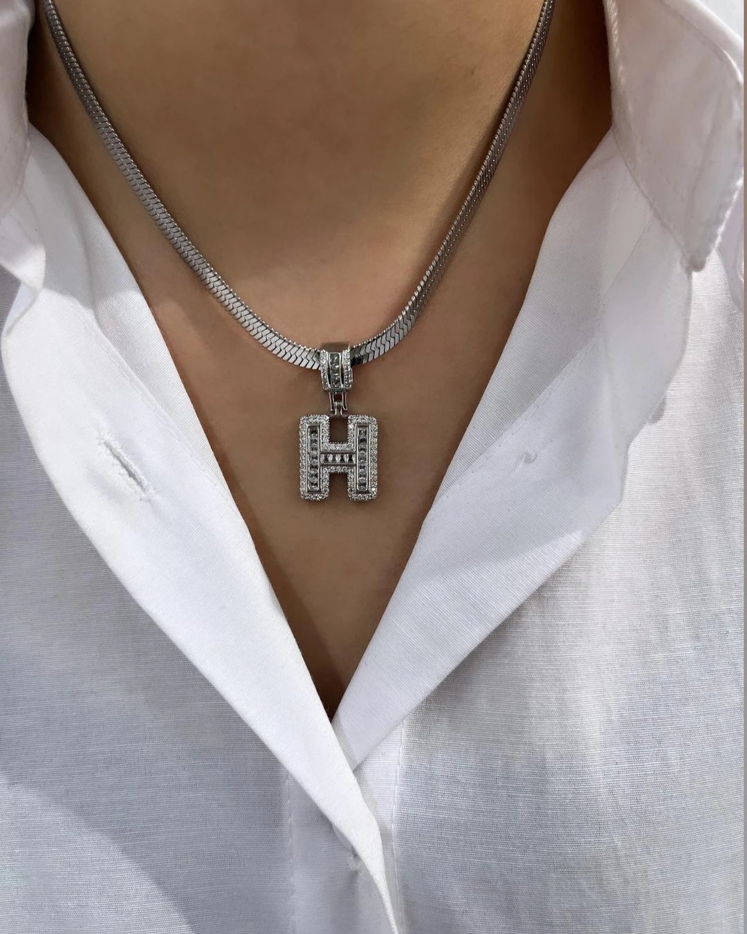 Çelik İtalyan Zincir ve Zirkon Taşlı Çelik Harf Kolye Kombin H Harfi Silver