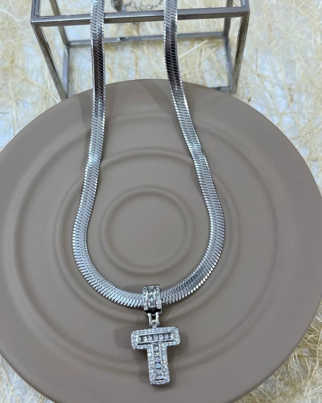 Çelik İtalyan Zincir ve Zirkon Taşlı Çelik Harf Kolye Kombin T Harfi Silver