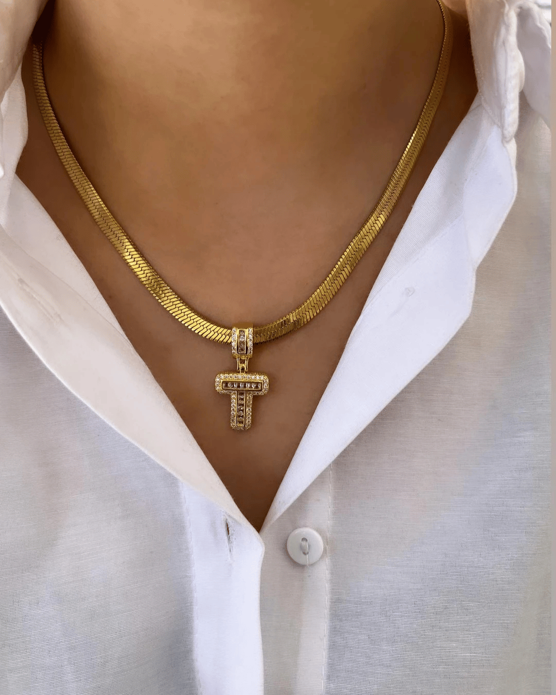 Çelik İtalyan Zincir ve Zirkon Taşlı Çelik Harf Kolye Kombin T Harfi Gold