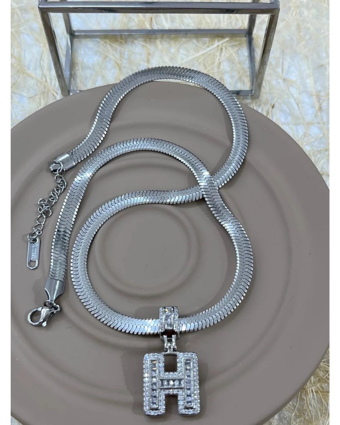 Çelik İtalyan Zincir ve Zirkon Taşlı Çelik Harf Kolye Kombin H Harfi Silver