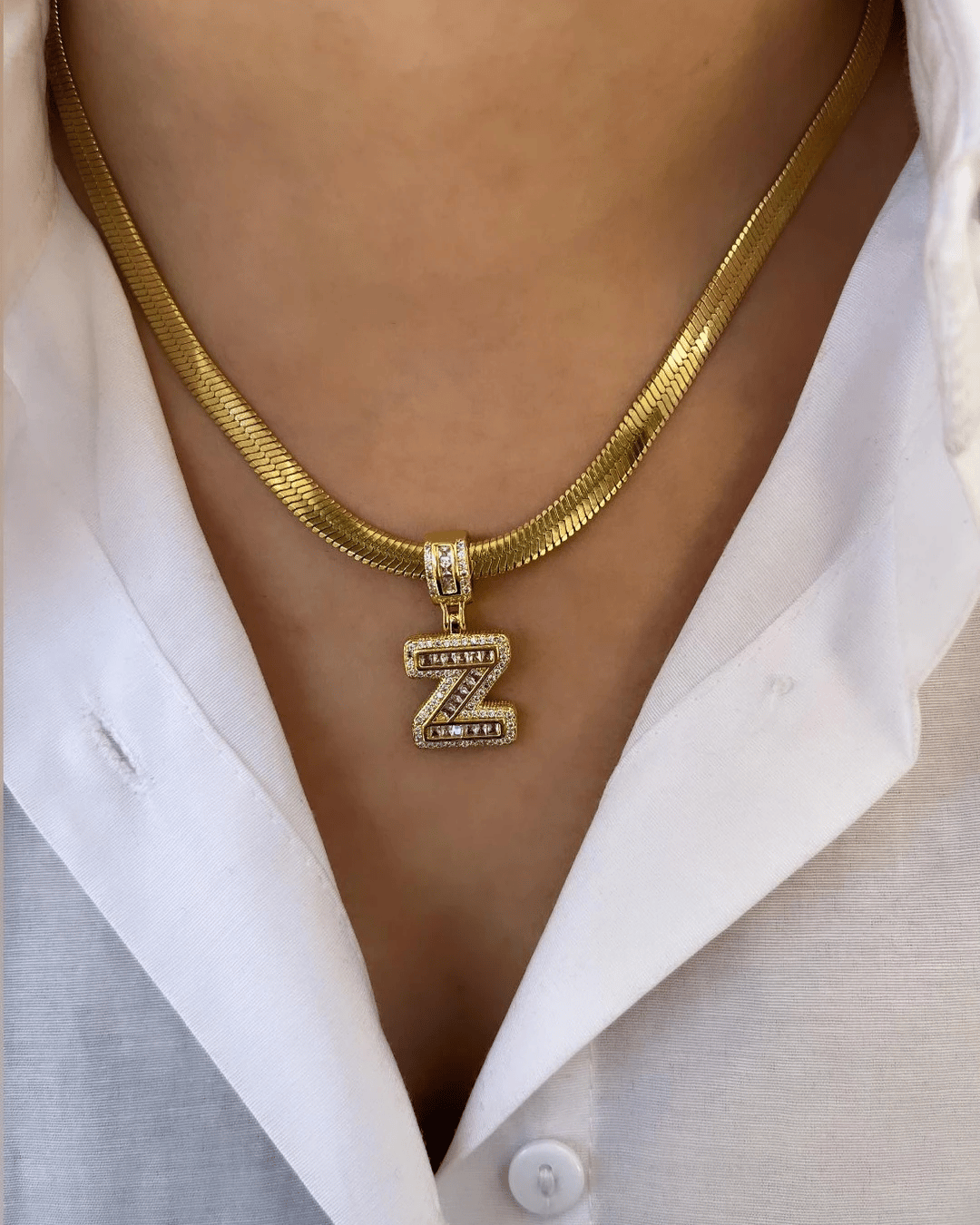 Çelik İtalyan Zincir ve Zirkon Taşlı Çelik Harf Kolye Kombin Z Harfi Gold