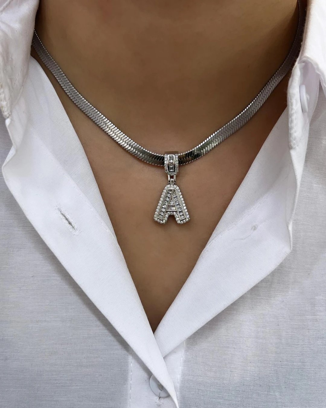 Çelik İtalyan Zincir ve Zirkon Taşlı Çelik Harf Kolye Kombin A Harfi Silver