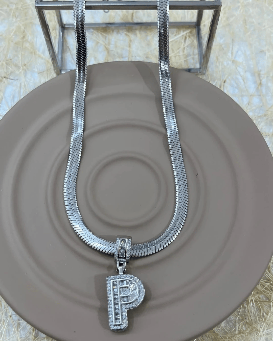 Çelik İtalyan Zincir ve Zirkon Taşlı Çelik Harf Kolye Kombin P Harfi Silver