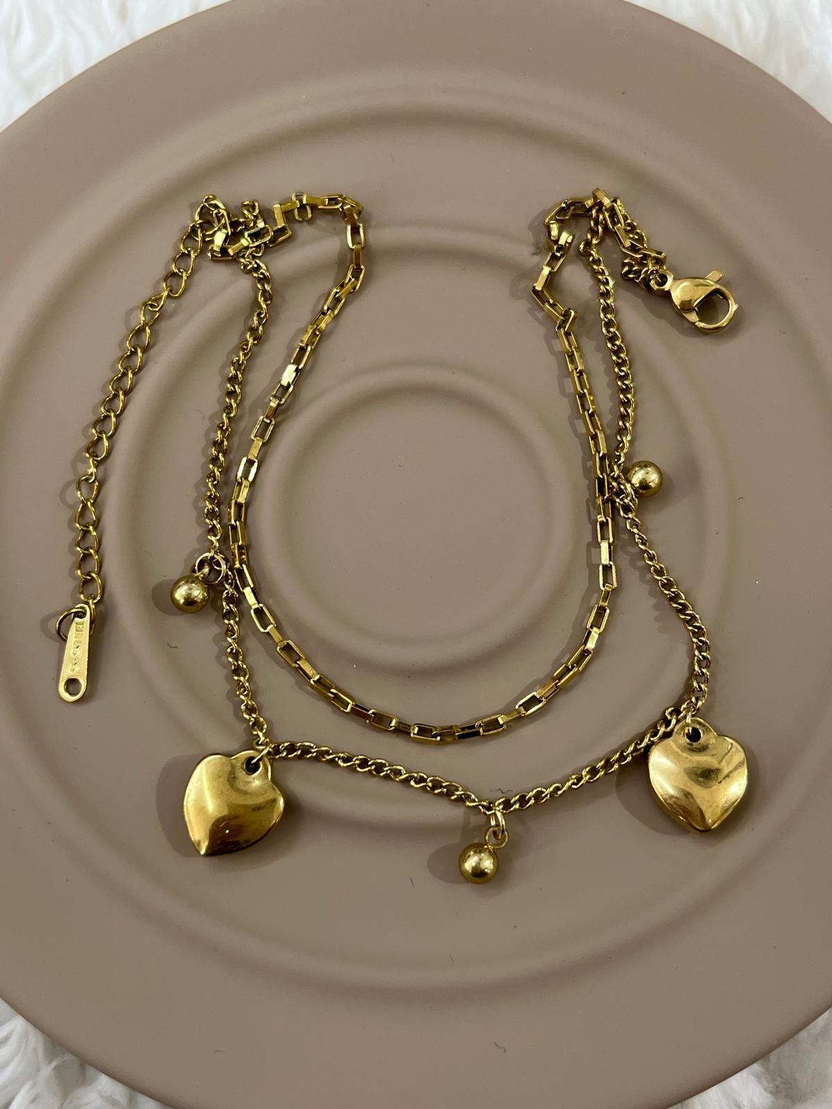 Gold Çift Zincir & Kalp Figür 316L Çelik Halhal