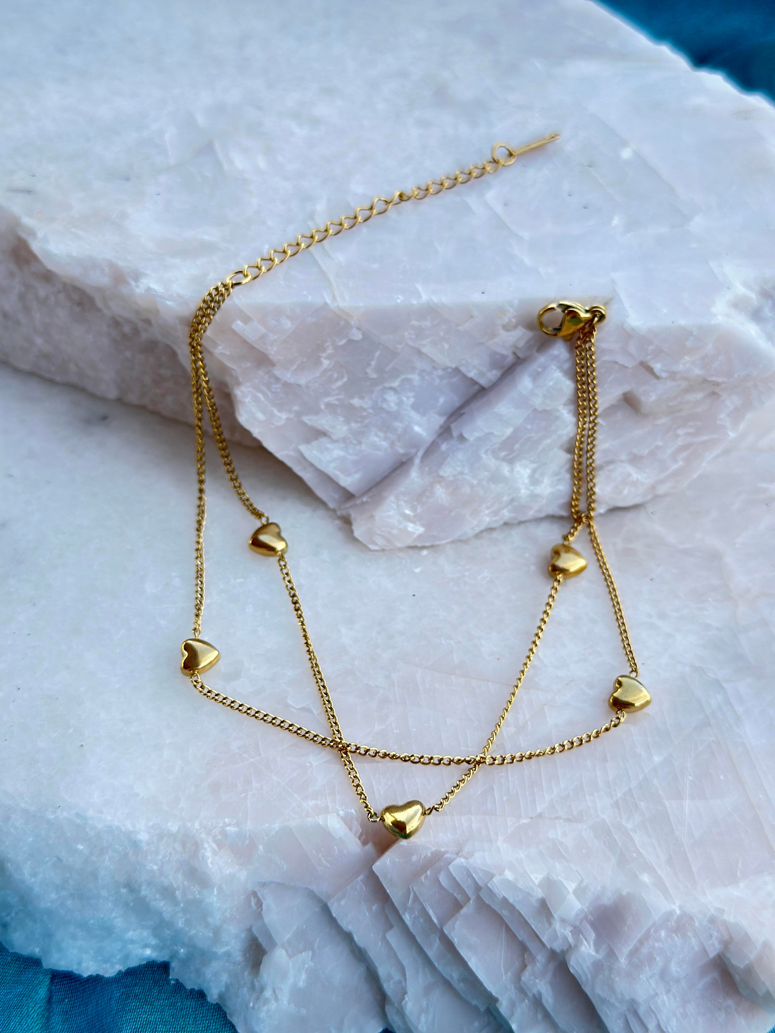 Gold Çift Zincir & Mini Kalp Figür 316L Çelik Halhal