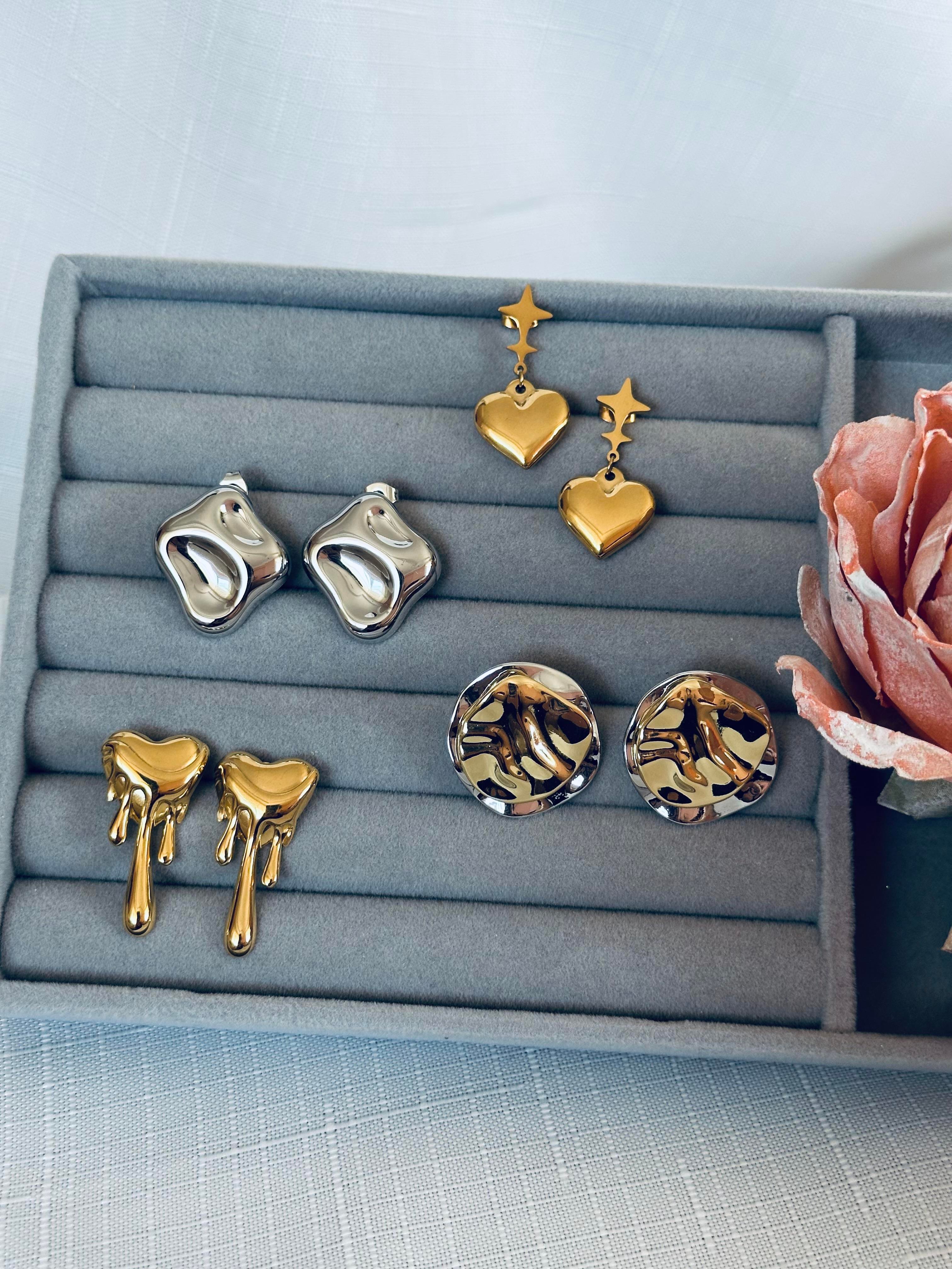 İki Renk İki Katman Geometrik Model Çelik Küpe Silver-Gold 